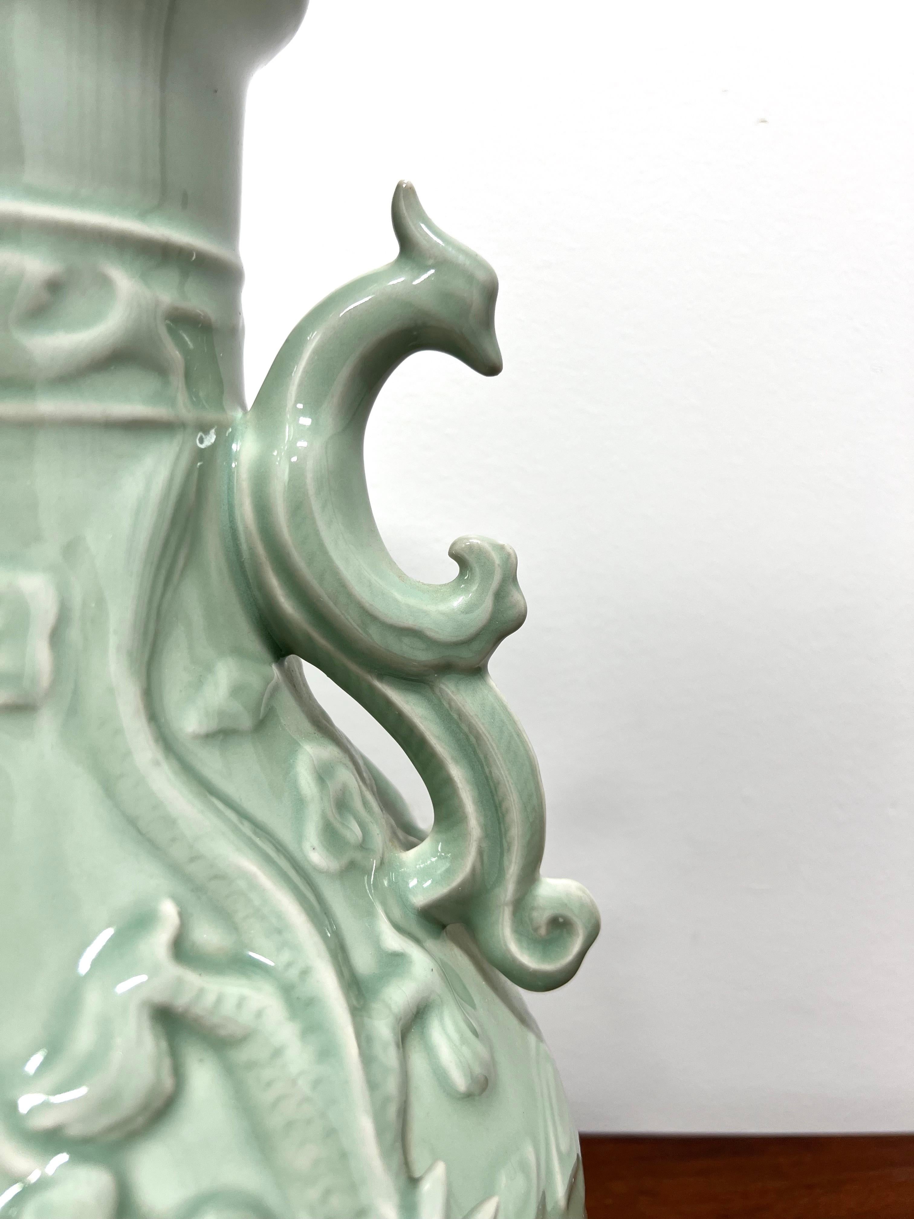 Magnificent Mid 20th Century Large Chinese Export Green Porcelain Dragon Urn For Sale 2