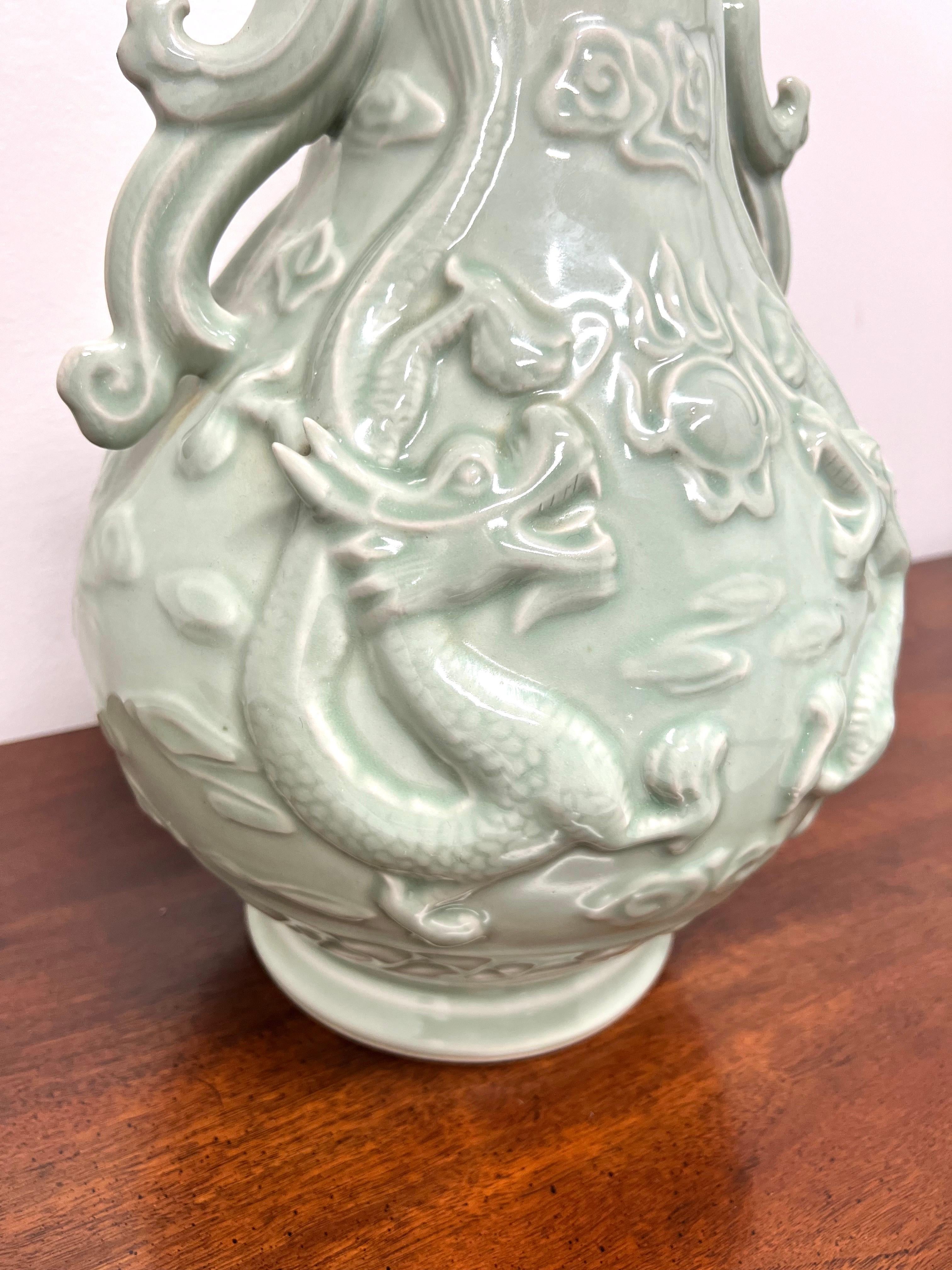 Magnificent Mid 20th Century Large Chinese Export Green Porcelain Dragon Urn For Sale 3