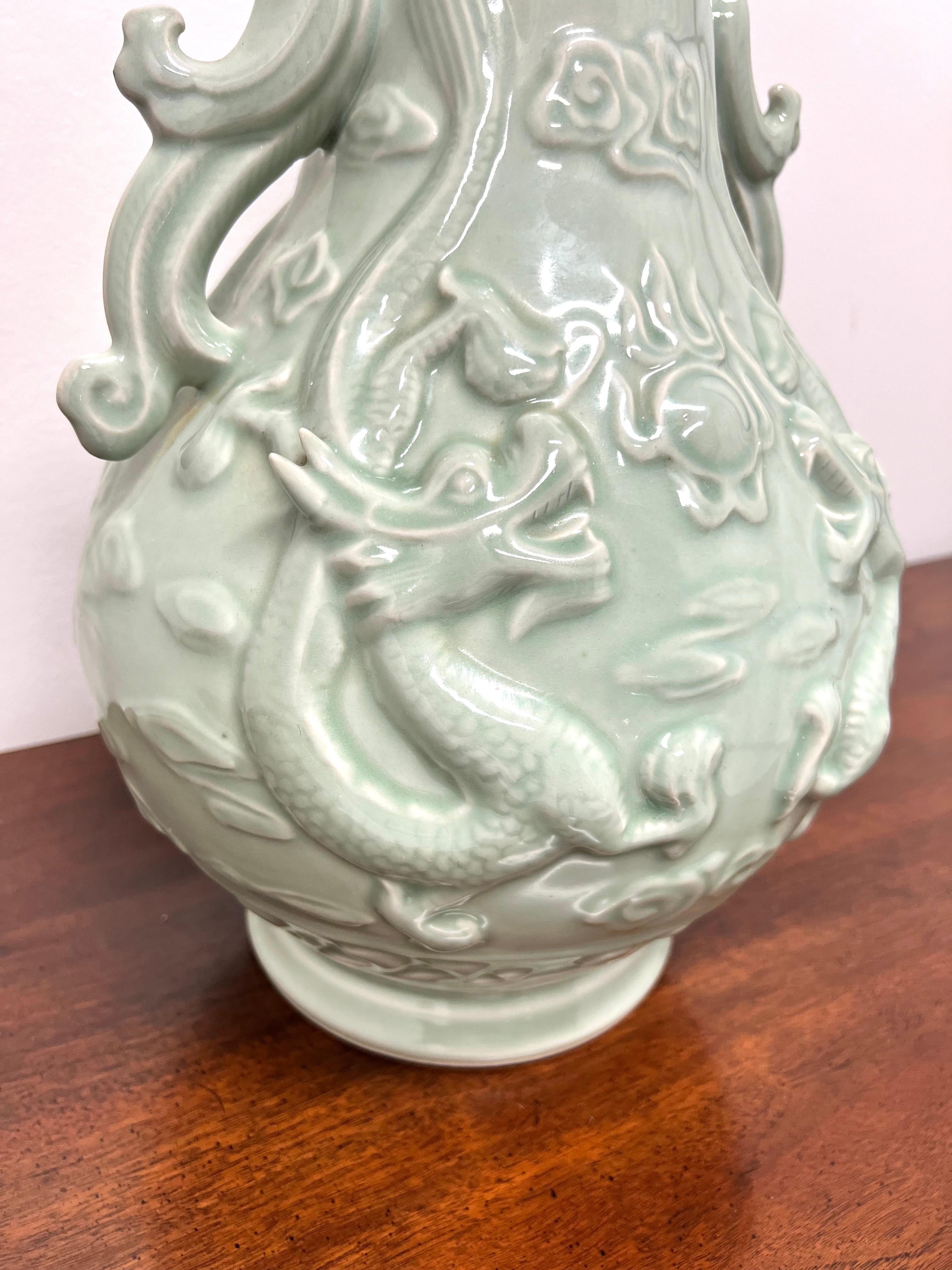 Magnificent Mid 20th Century Large Chinese Export Green Porcelain Dragon Urn For Sale 4