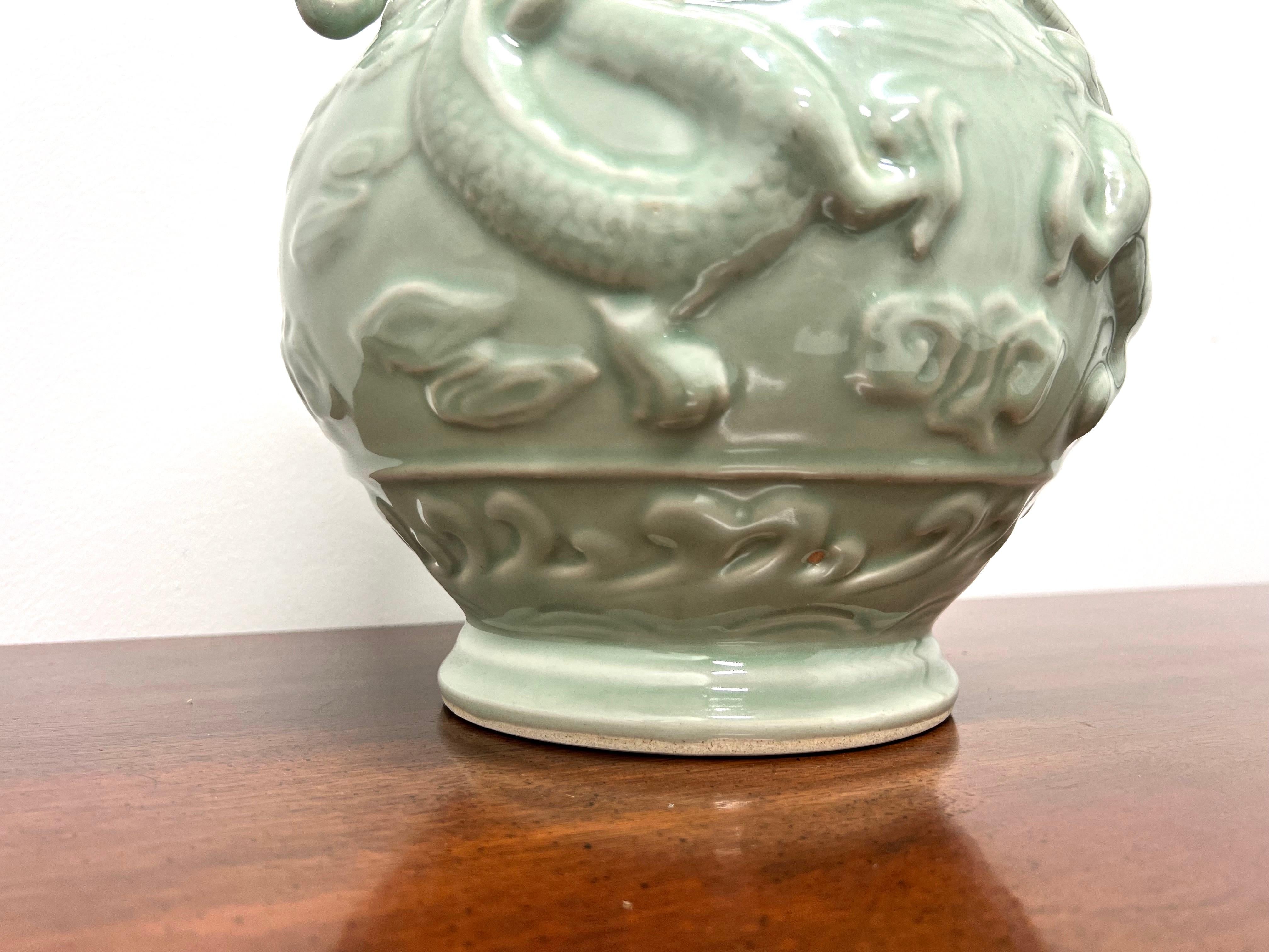Magnificent Mid 20th Century Large Chinese Export Green Porcelain Dragon Urn For Sale 5