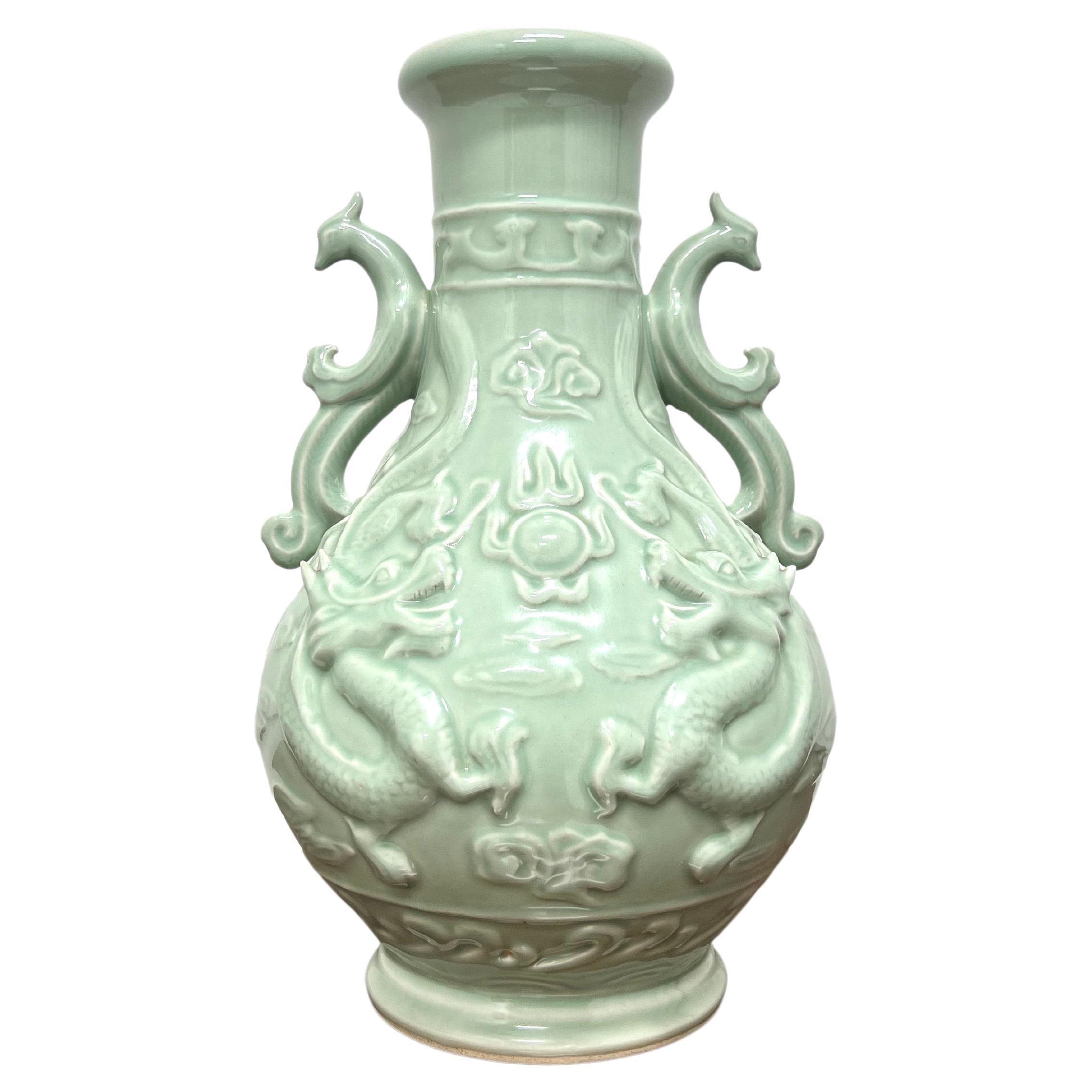 Magnificent Mid 20th Century Large Chinese Export Green Porcelain Dragon Urn For Sale