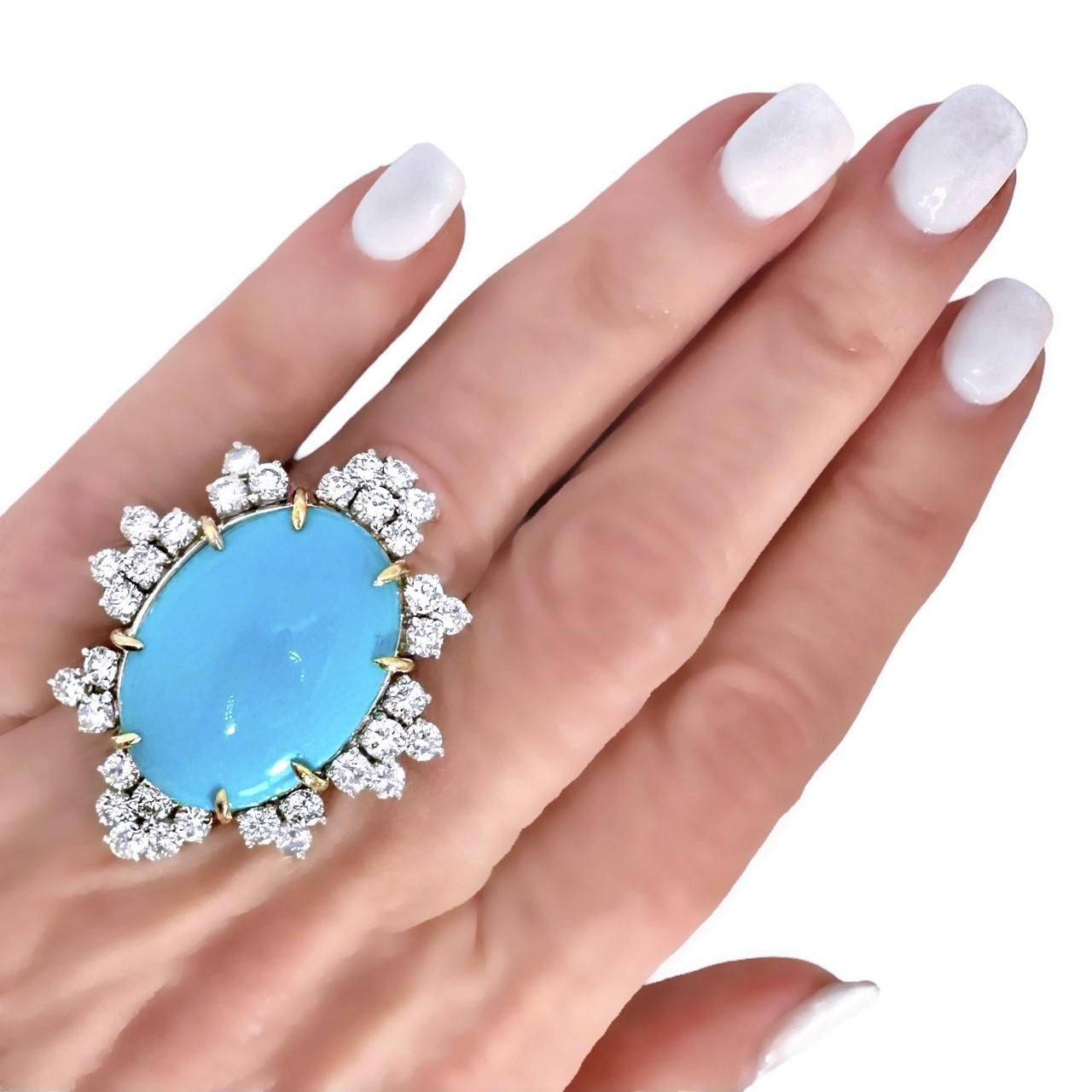 Magnificent Mid-20th Century Turquoise, Diamond and Platinum Cocktail Ring 5