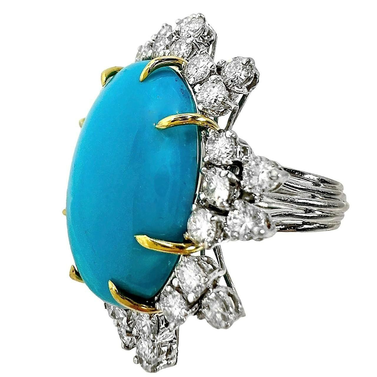Modern Magnificent Mid-20th Century Turquoise, Diamond and Platinum Cocktail Ring For Sale