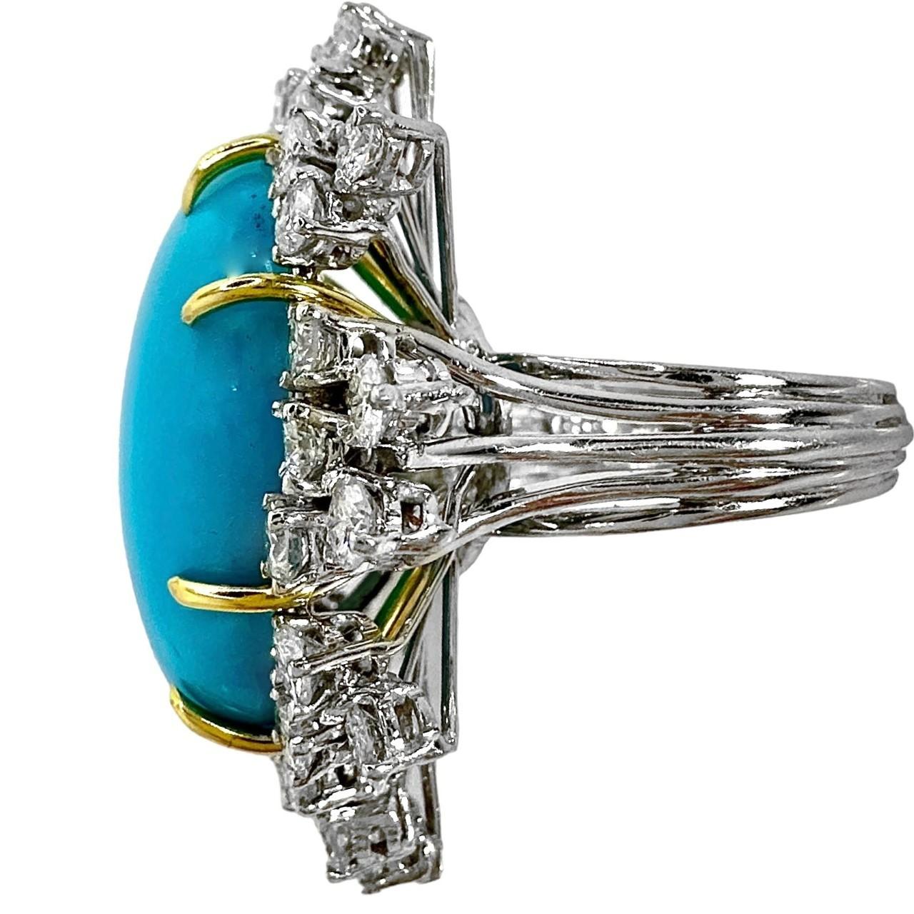 Brilliant Cut Magnificent Mid-20th Century Turquoise, Diamond and Platinum Cocktail Ring For Sale