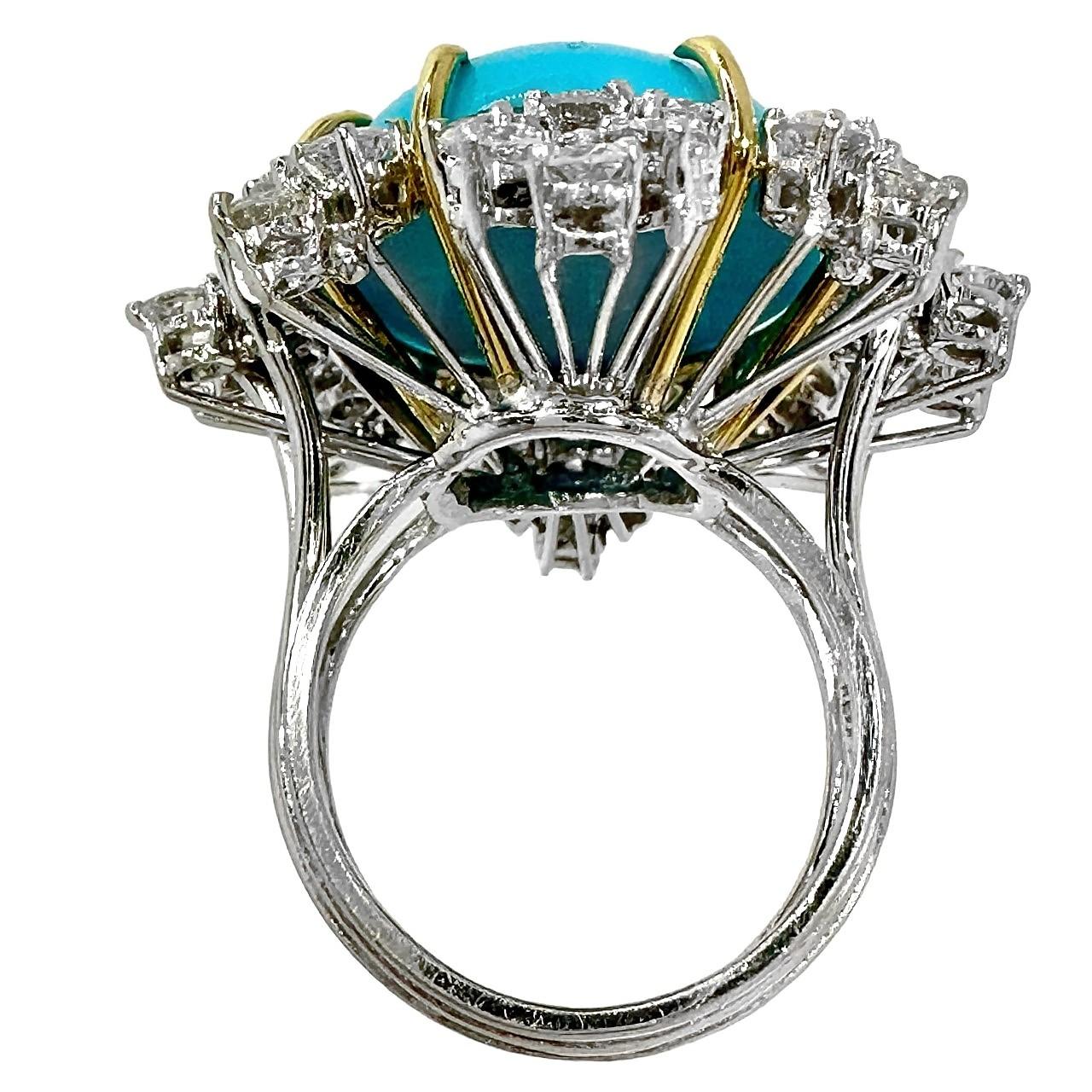 Magnificent Mid-20th Century Turquoise, Diamond and Platinum Cocktail Ring In Good Condition For Sale In Palm Beach, FL