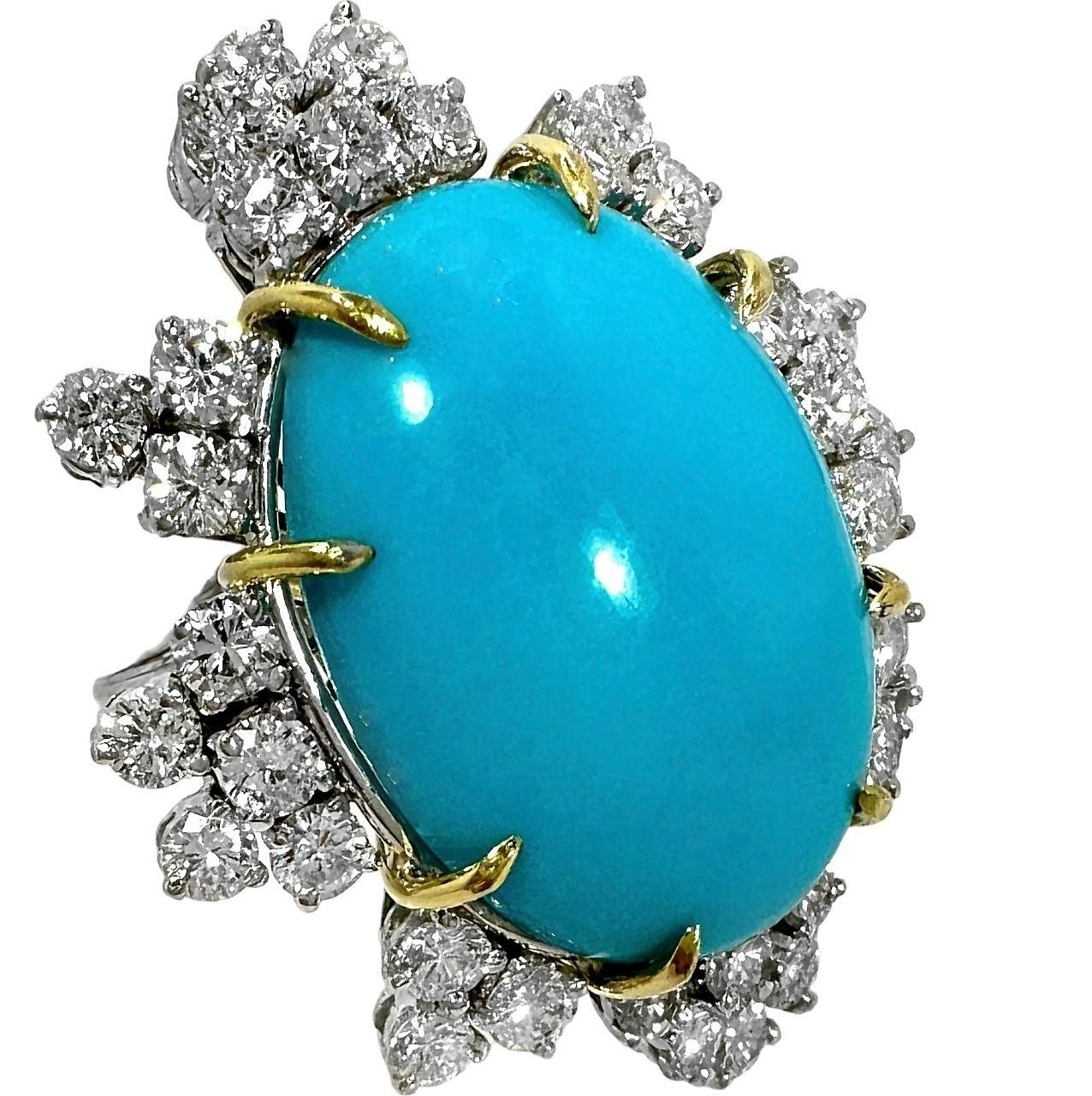 Women's Magnificent Mid-20th Century Turquoise, Diamond and Platinum Cocktail Ring For Sale
