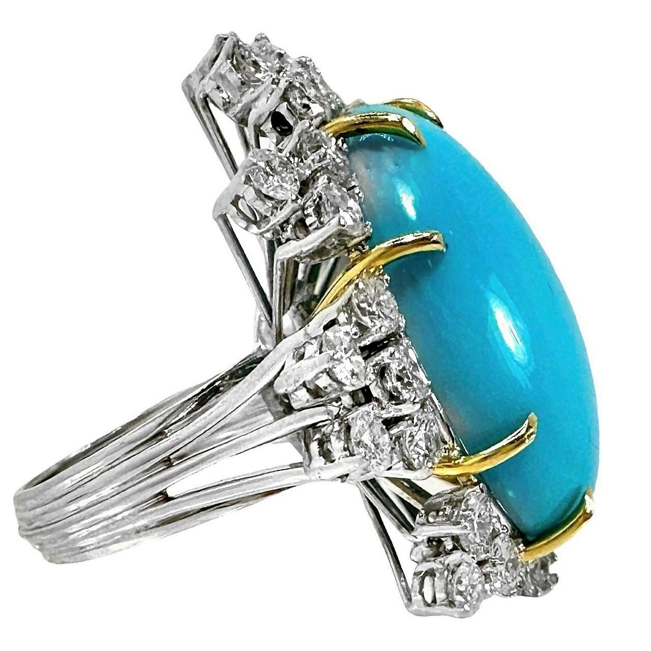 Magnificent Mid-20th Century Turquoise, Diamond and Platinum Cocktail Ring For Sale 1
