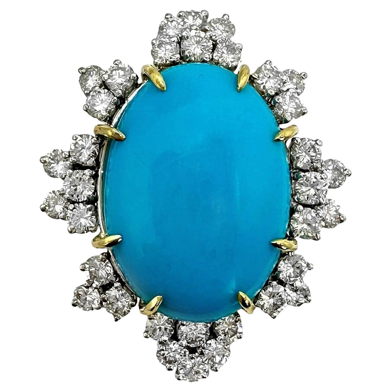 Magnificent Mid-20th Century Turquoise, Diamond and Platinum Cocktail Ring For Sale
