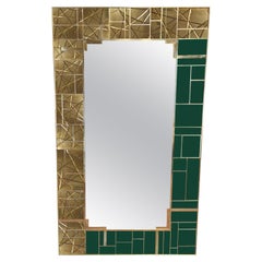 Magnificent Mid-Century Modern Wall Mirror Green Murano Glass and Carved Brass