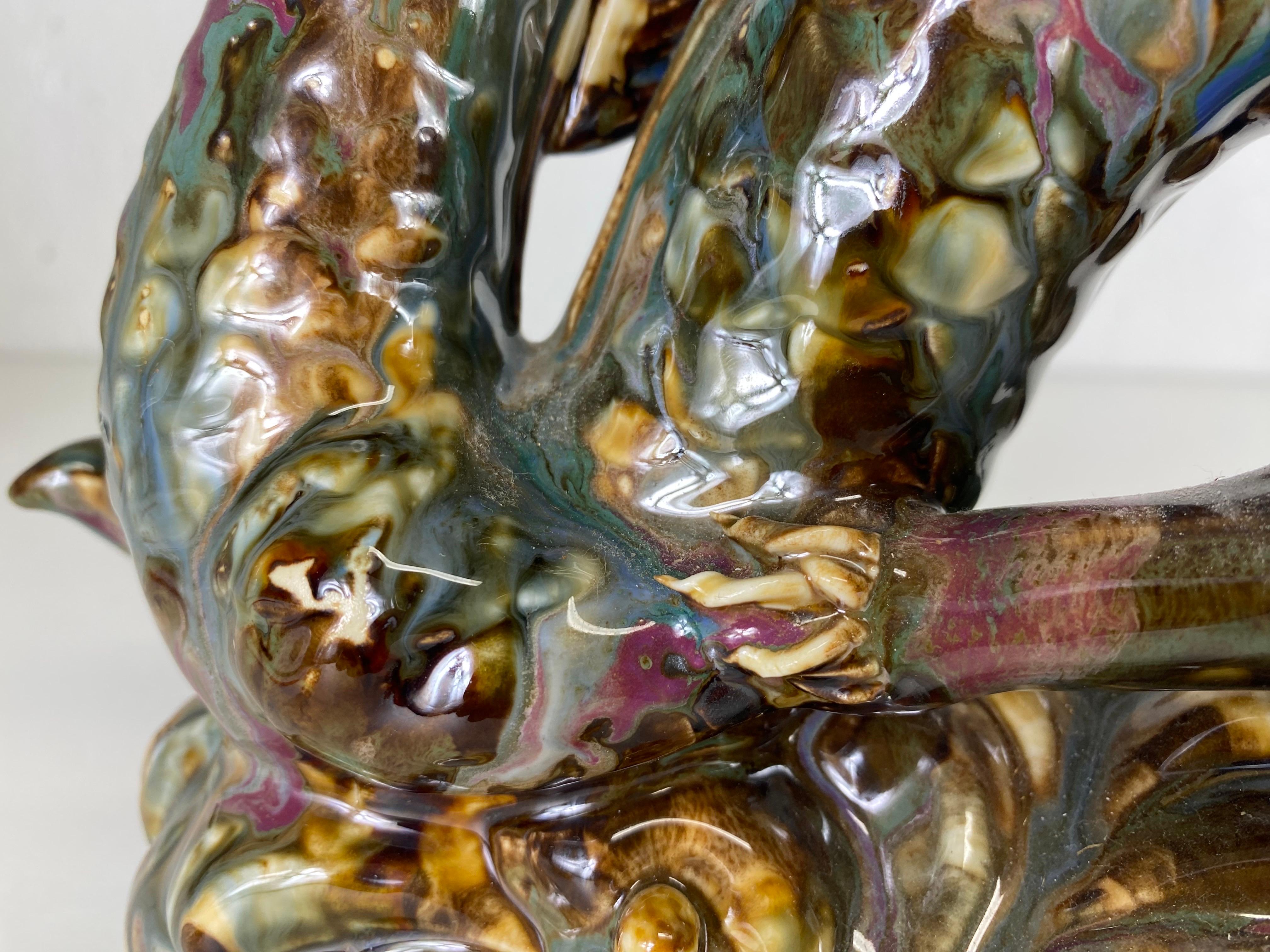 Chinese Export Magnificent mid-century vintage pair of majolica pottery dragons For Sale