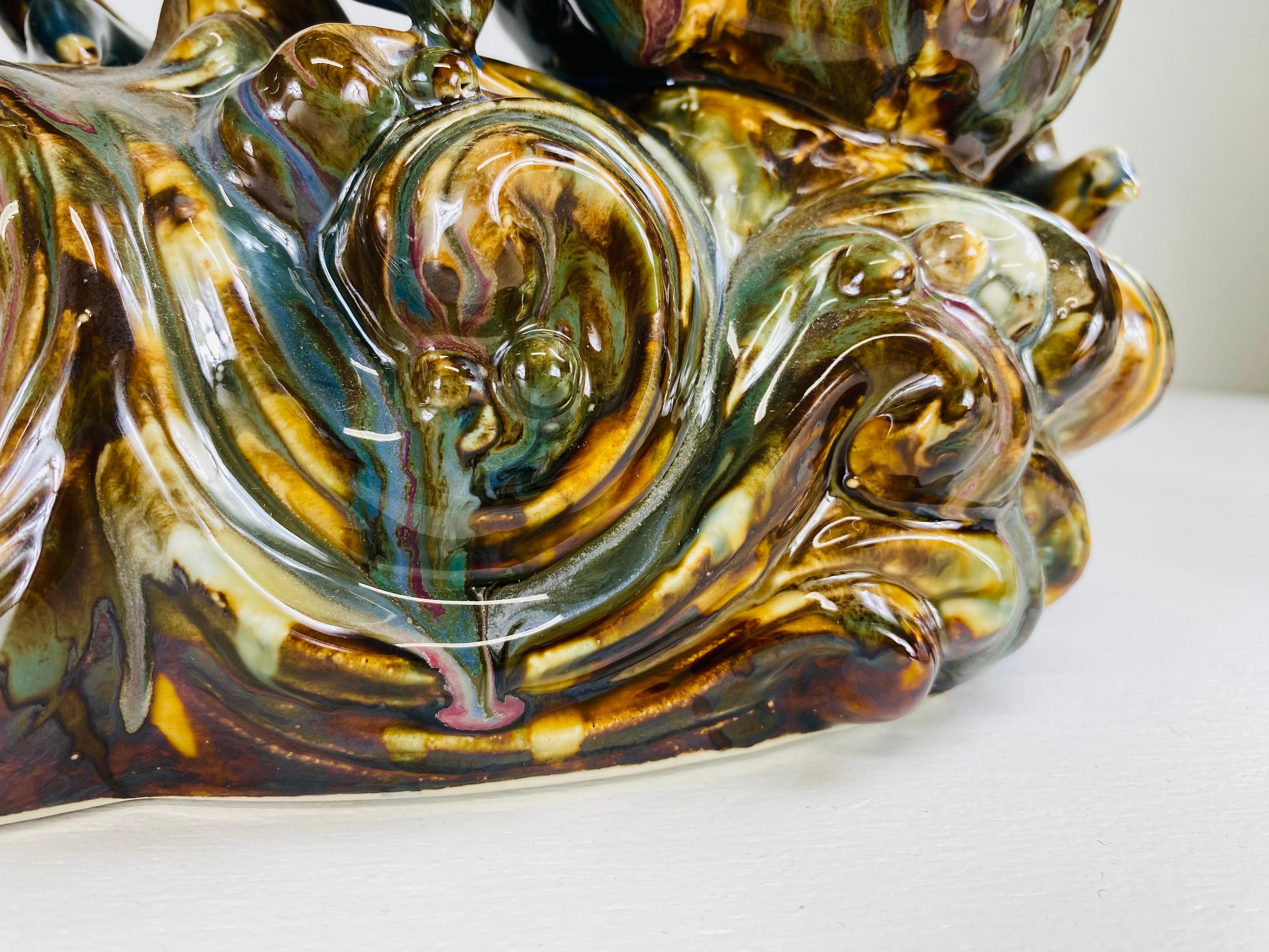 Chinese Magnificent mid-century vintage pair of majolica pottery dragons For Sale