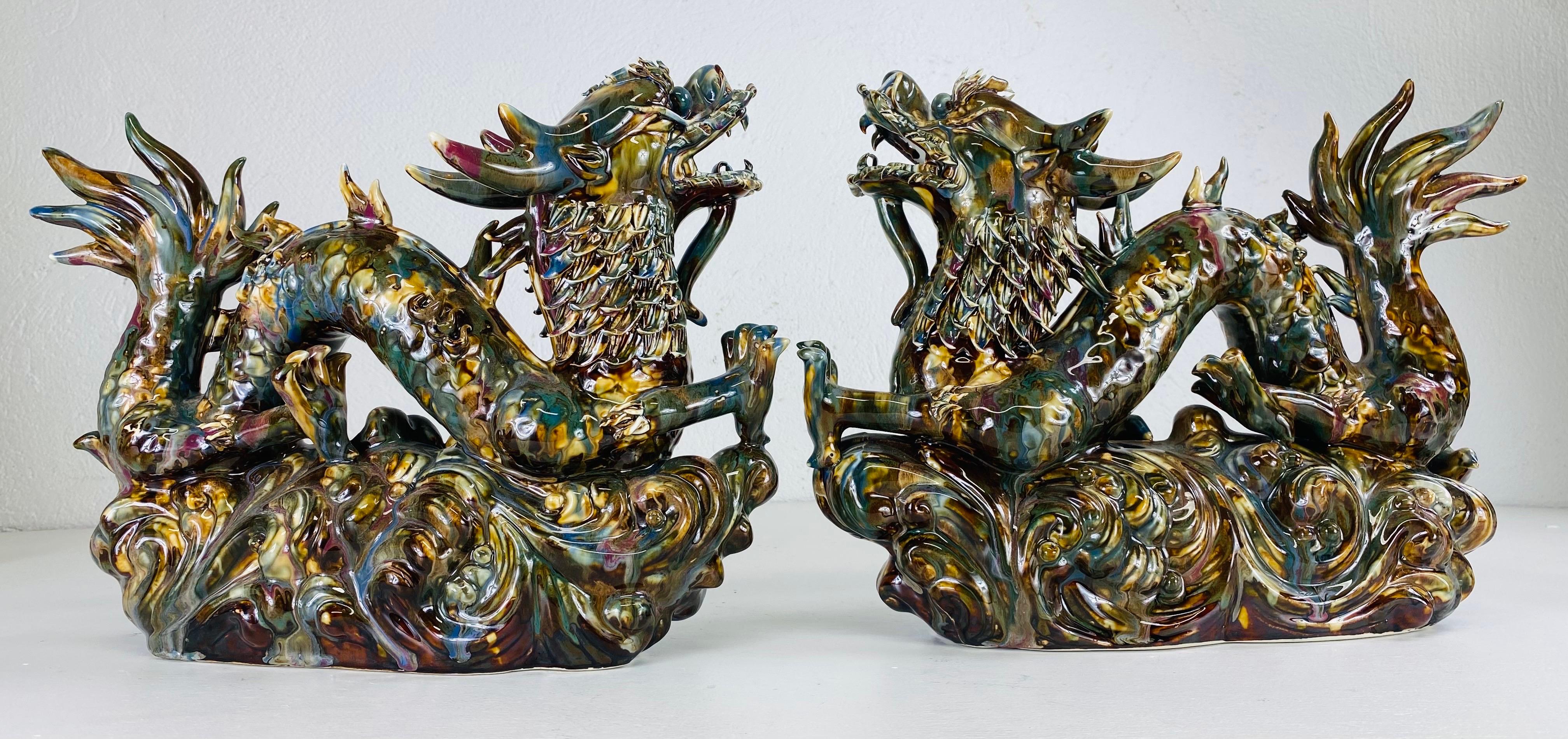 Magnificent mid-century vintage pair of majolica pottery dragons In Good Condition For Sale In Allentown, PA