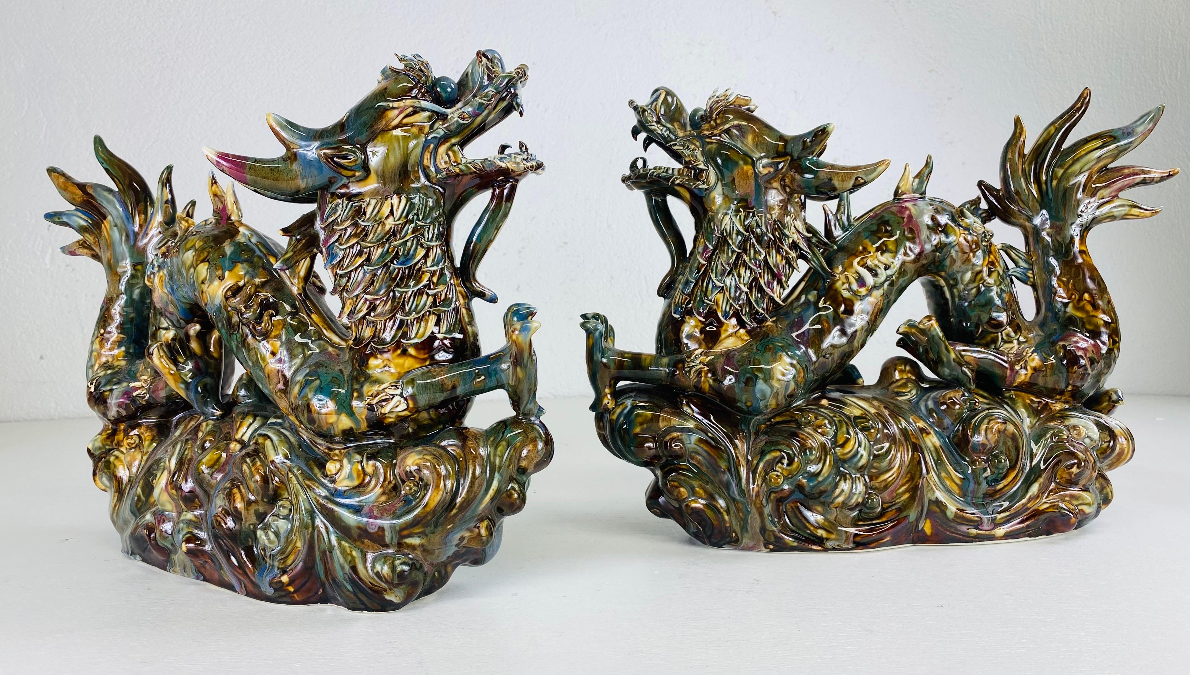 Magnificent mid-century vintage pair of majolica pottery dragons For Sale 1