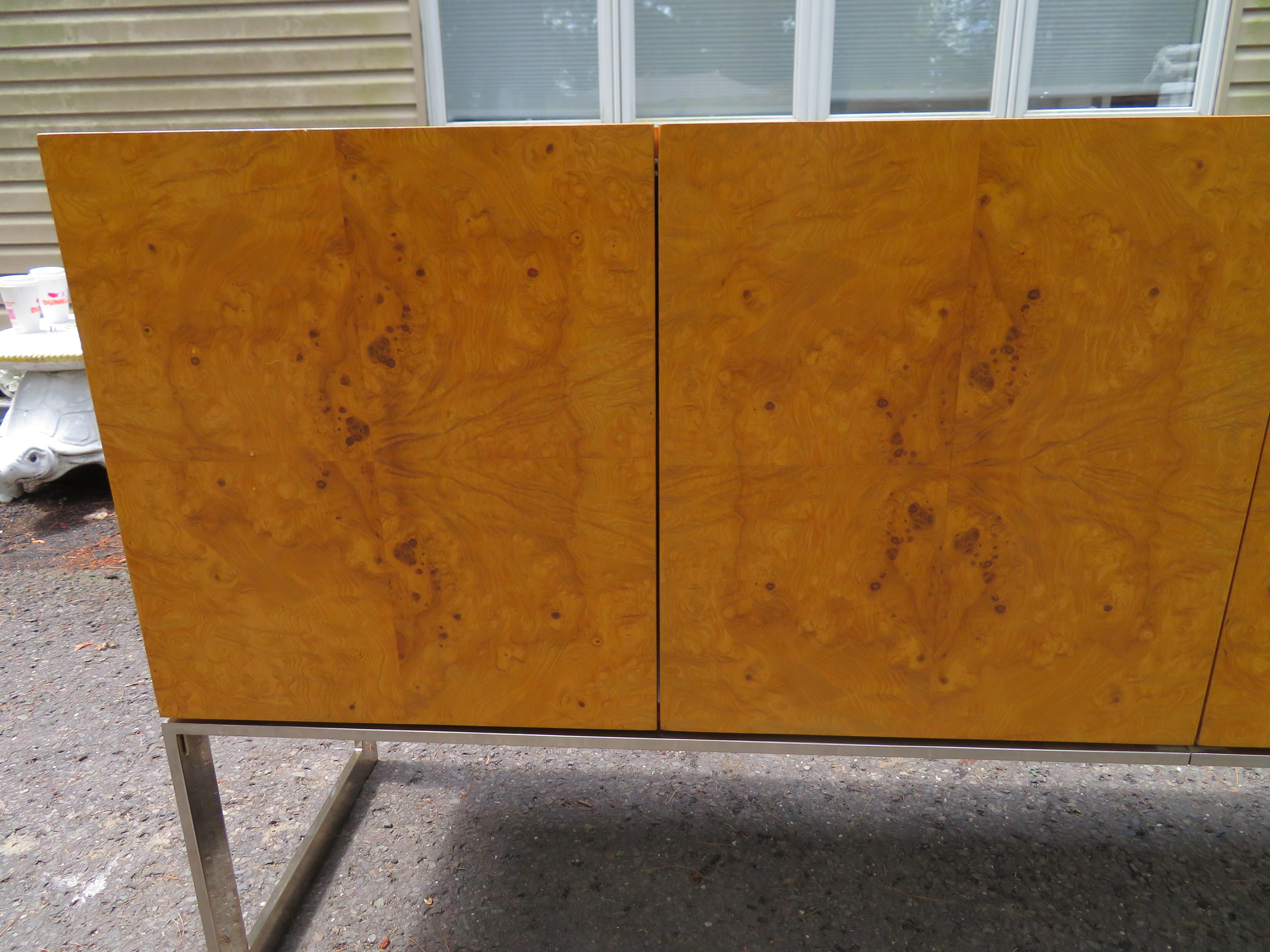 American Magnificent Milo Baughman Burled Olive Wood Chrome Credenza Mid-Century Modern