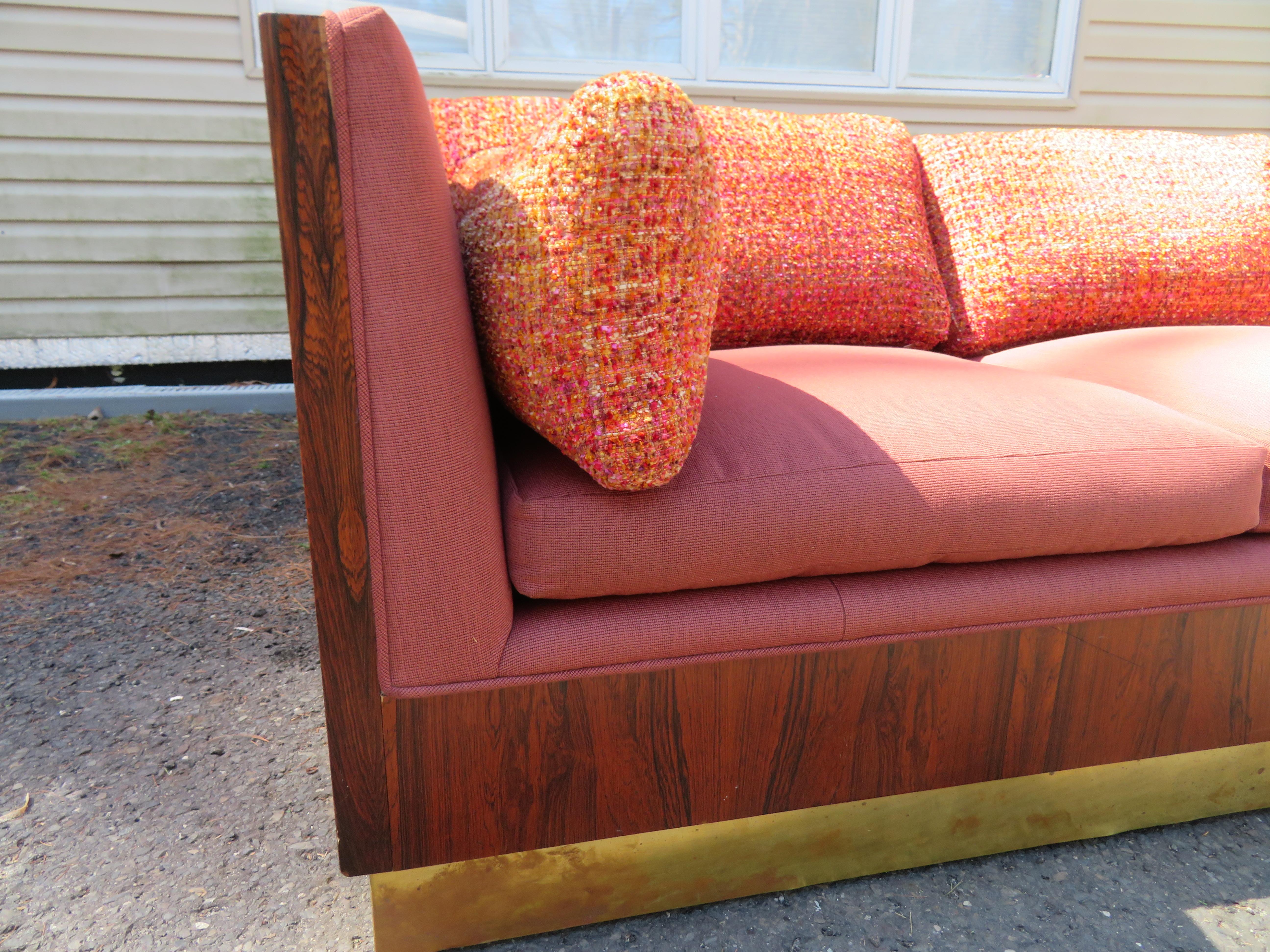 Upholstery Magnificent Milo Baughman Rosewood Case Sofa Brass Base Mid-Century Modern For Sale