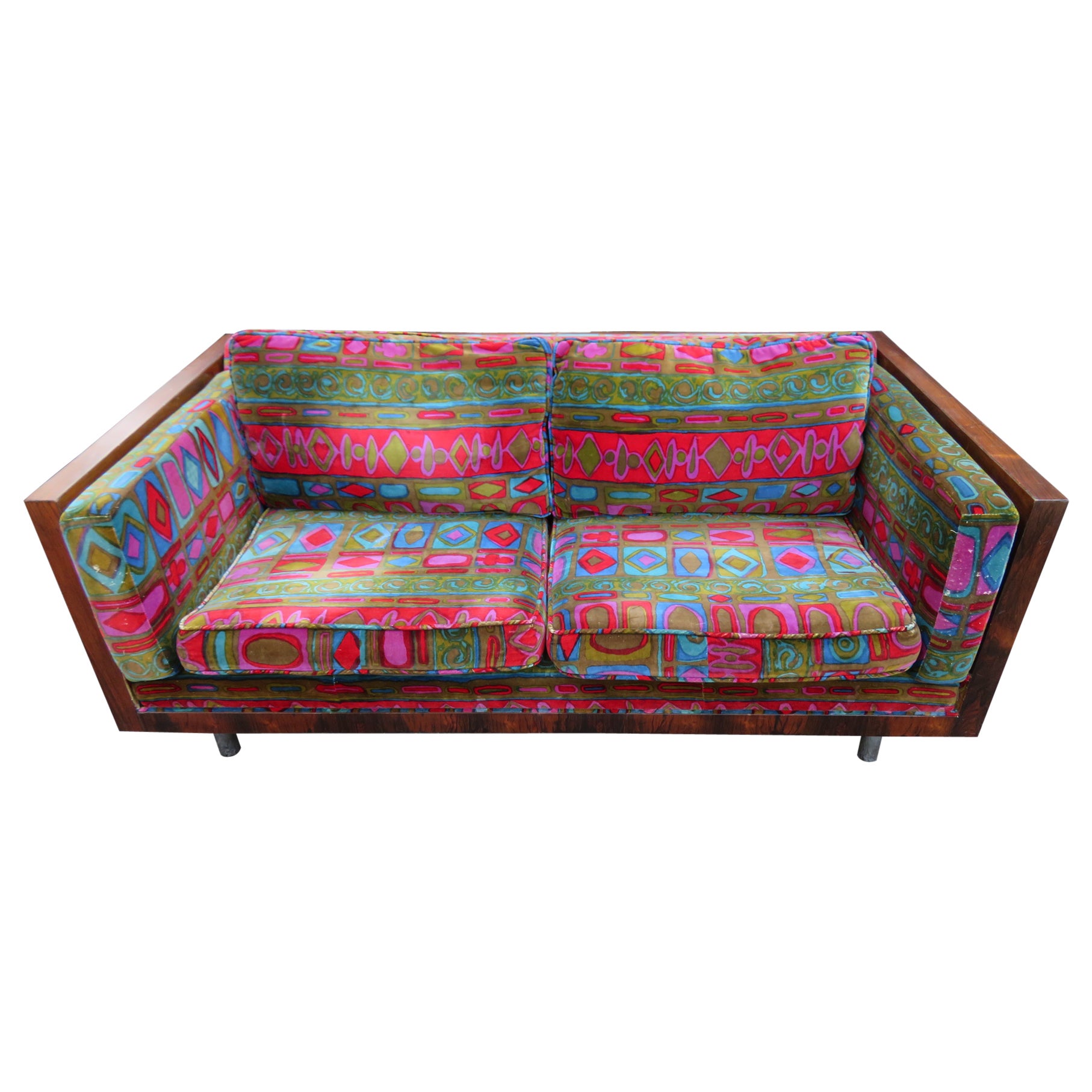 Magnifique chaise d'amour en bois de rose Milo Baughman de Jack Lenor Larsen, mi-siècle moderne en vente