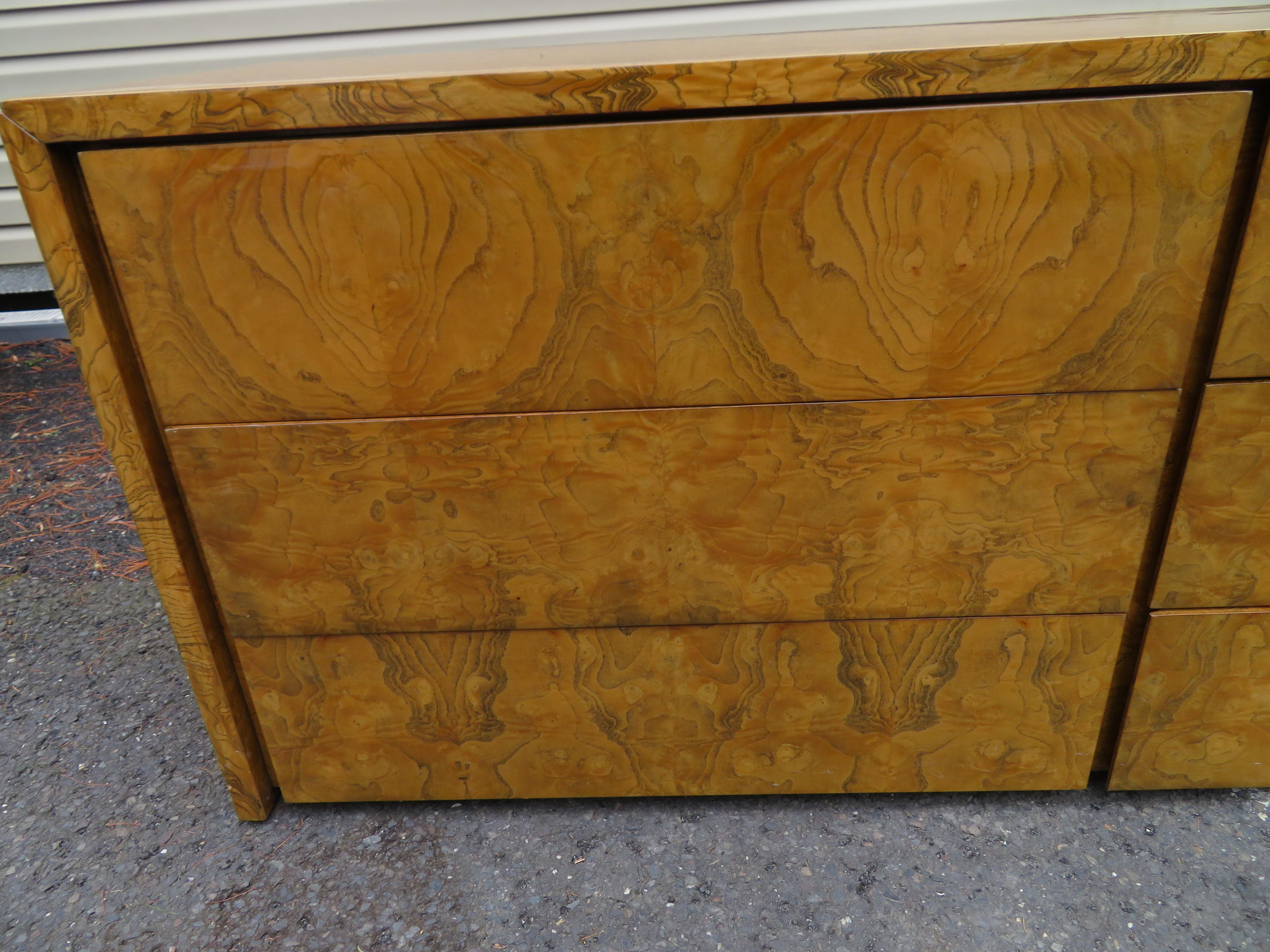 American Magnificent Milo Baughman Style Burl 6 Drawer Credenza Mid-Century Modern For Sale
