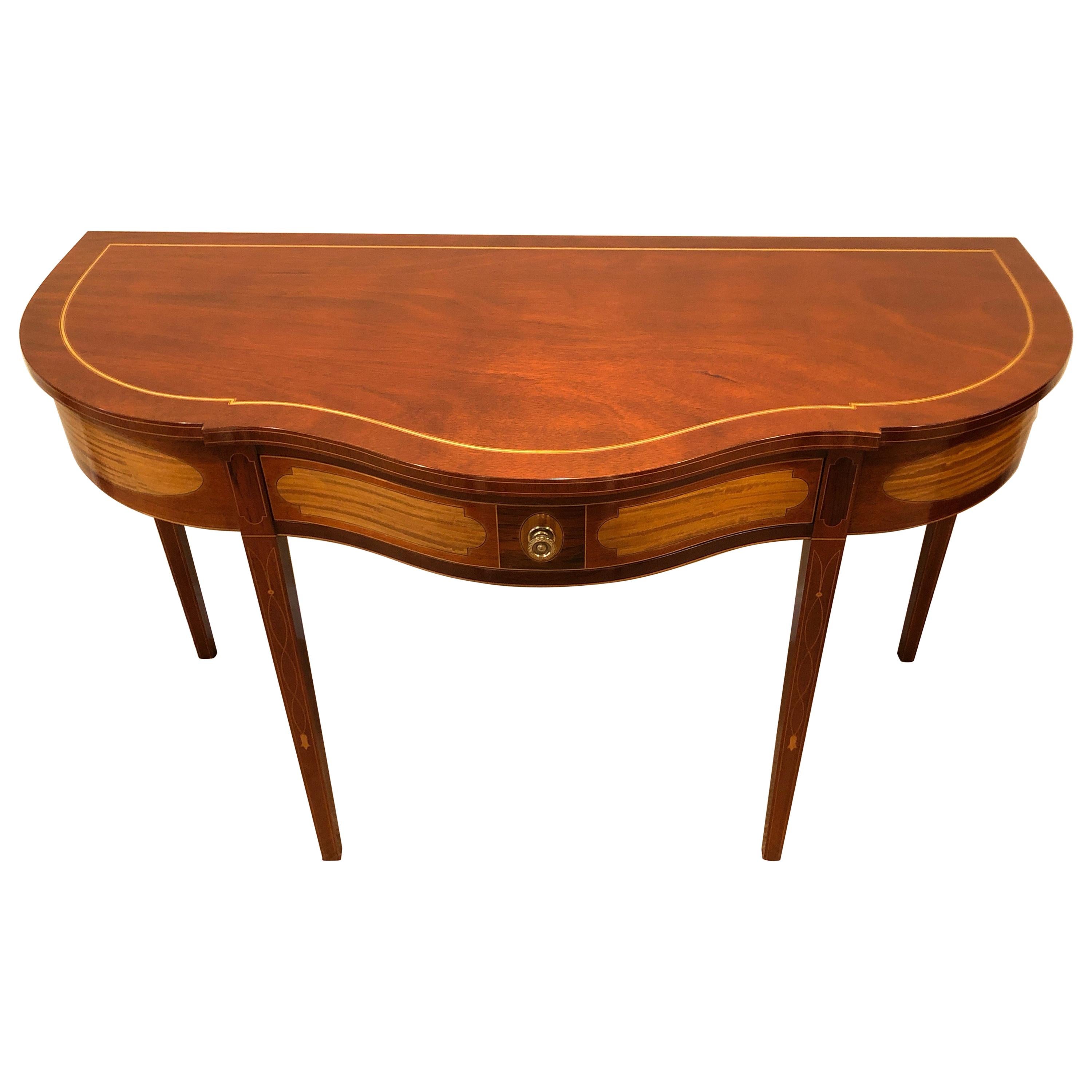 Magnificent Mixed Wood Serpentine Demilune Console Table by Kindel Winterthur