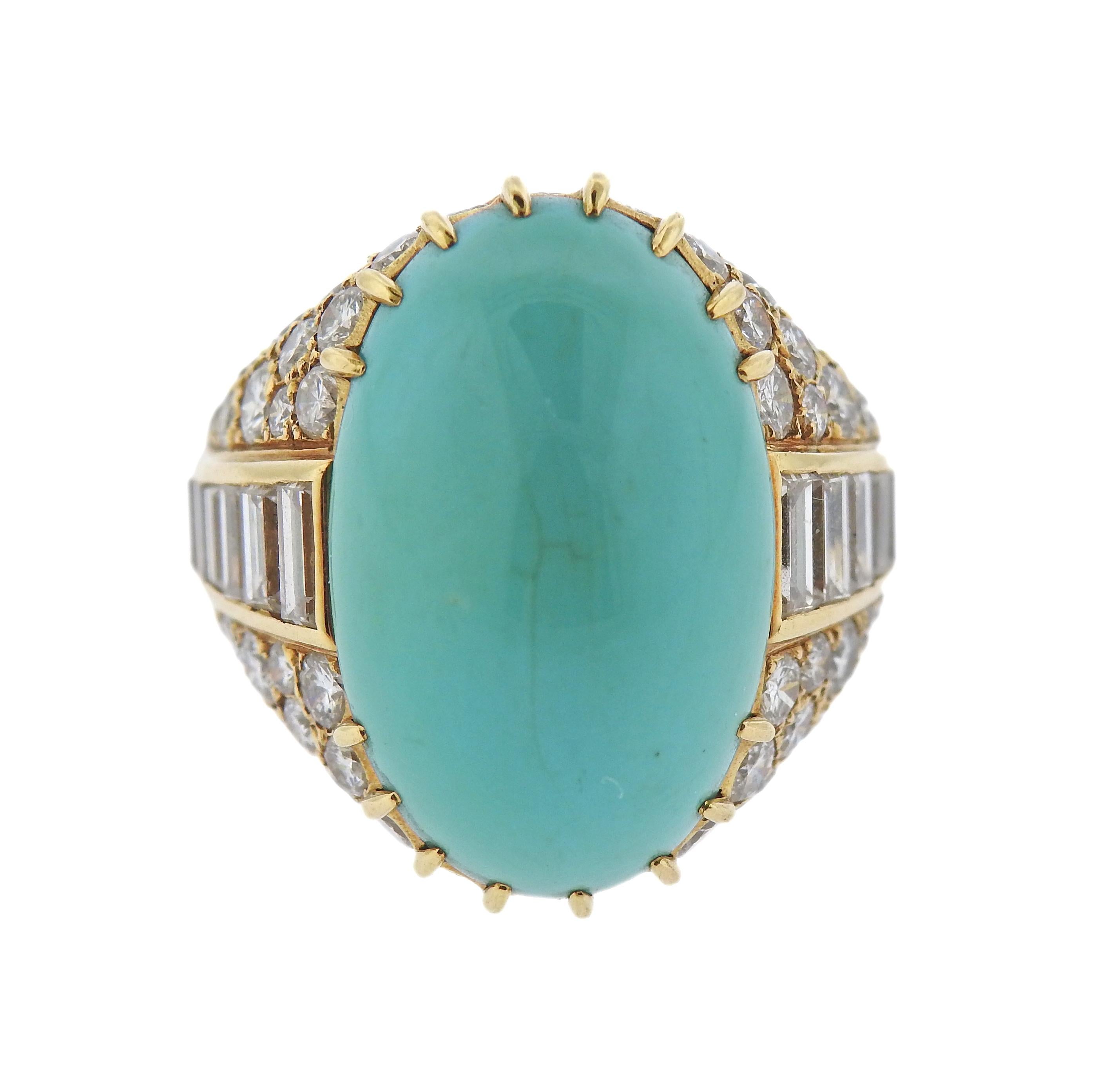Magnificent 18k gold ring by Monture Cartier, with center 22 x 14mm turquoise ( with natural hairlines on the surface) and approx. 4.30ctw in diamonds. Ring size - 6.75, ring top is 23mm wide. Marked: Monture Cartier, French mark on the outside of
