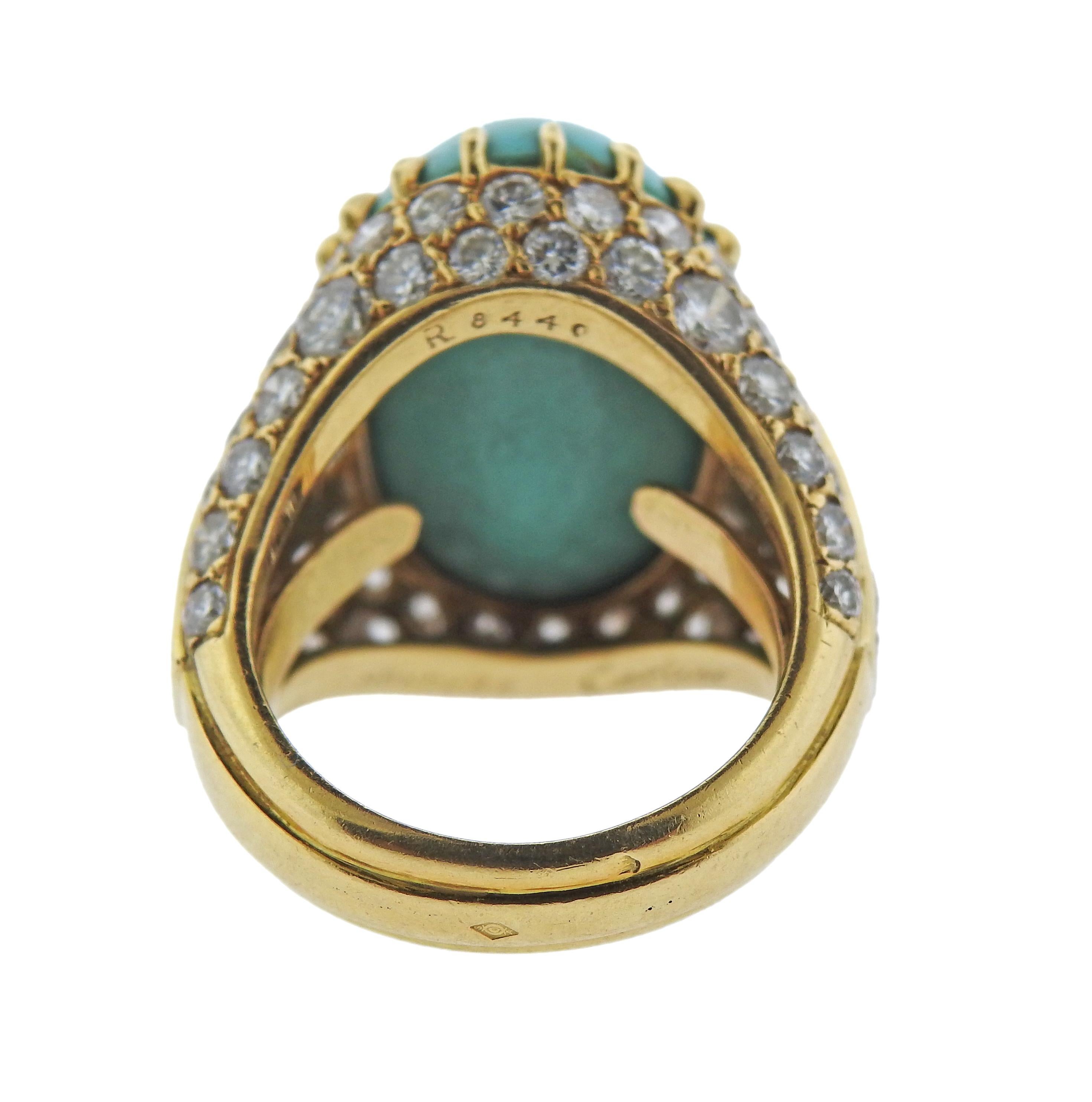 Round Cut Magnificent Monture Cartier Turquoise Diamond Gold Ring