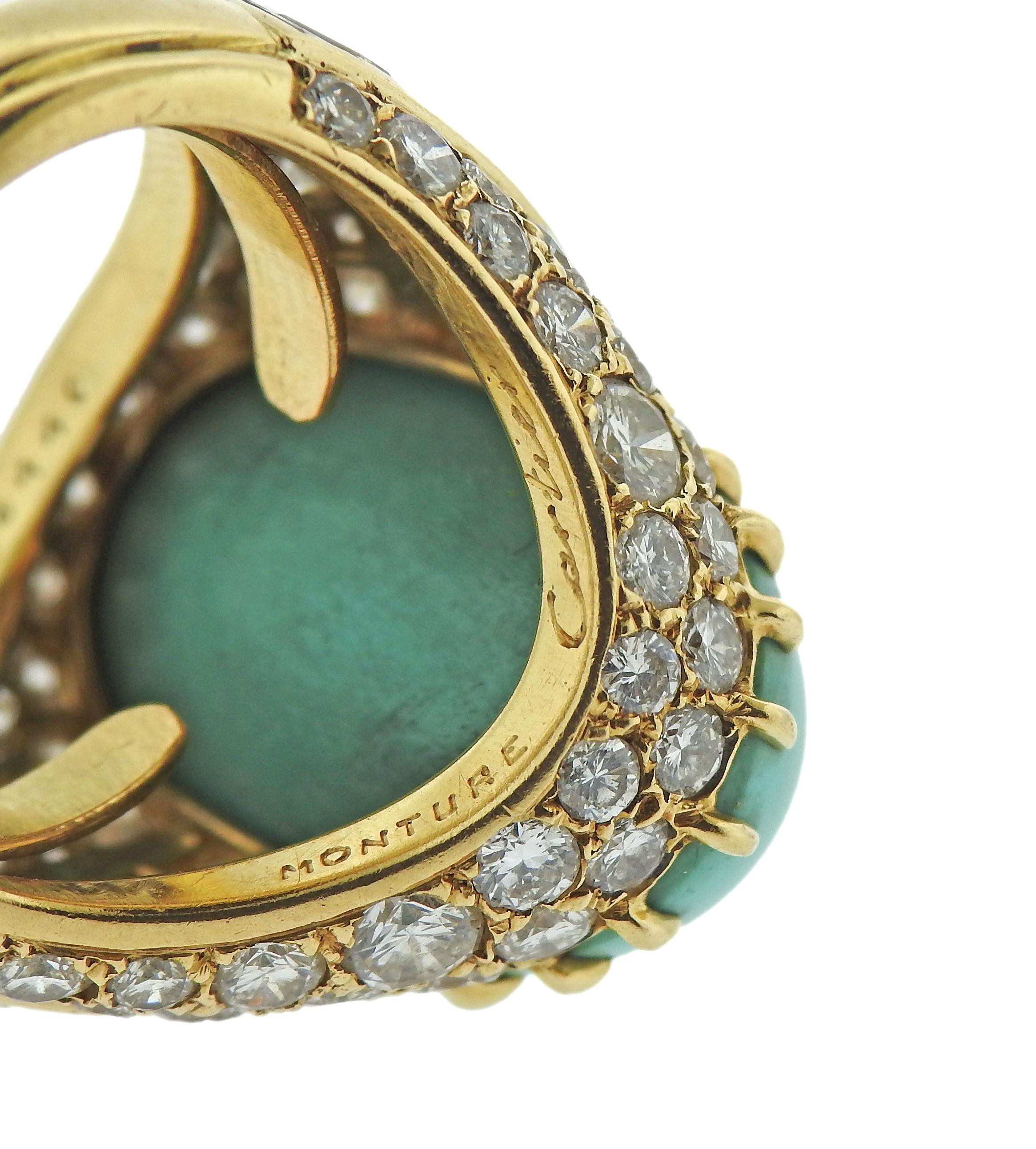 Magnificent Monture Cartier Turquoise Diamond Gold Ring In Excellent Condition In New York, NY