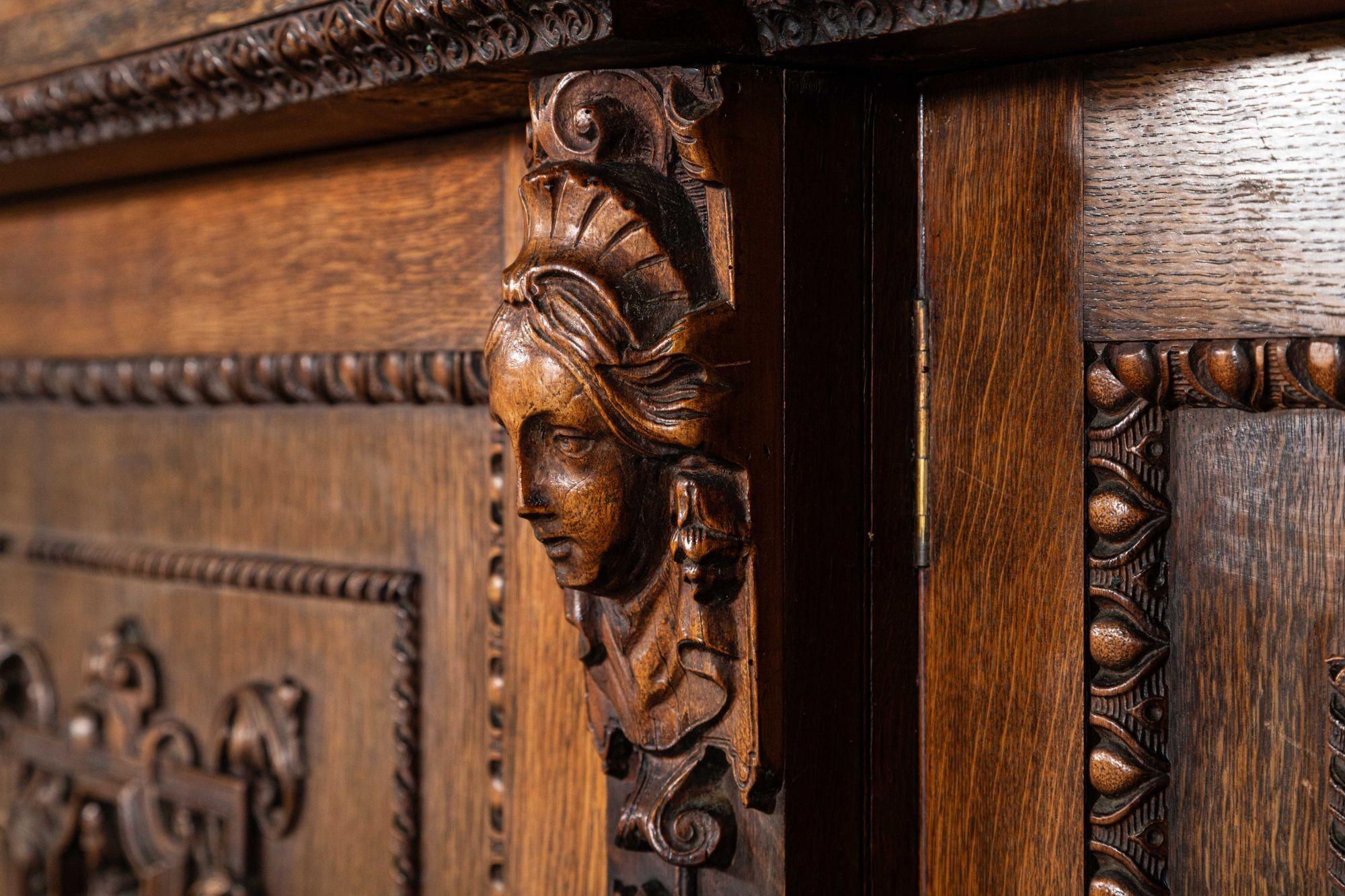 Magnificent Monumental English 19thC Carved Oak Breakfront Glazed Bookcase For Sale 6