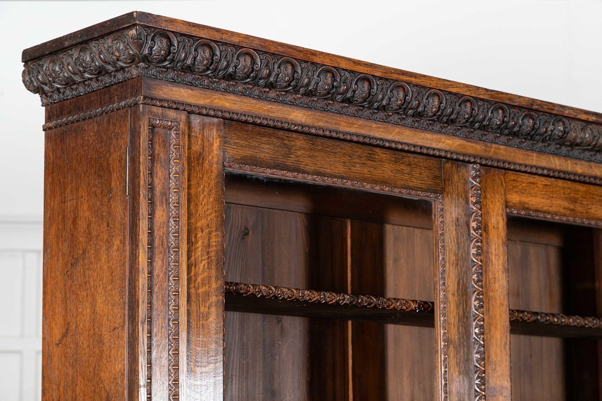 Magnificent Monumental English 19thC Carved Oak Breakfront Glazed Bookcase For Sale 7