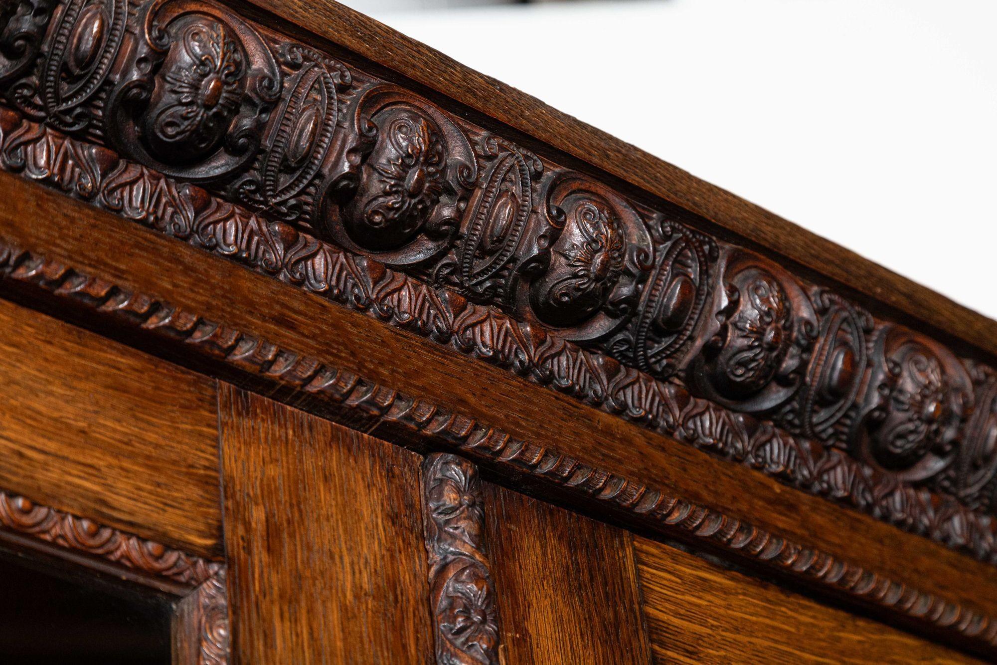 Magnificent Monumental English 19thC Carved Oak Breakfront Glazed Bookcase For Sale 8