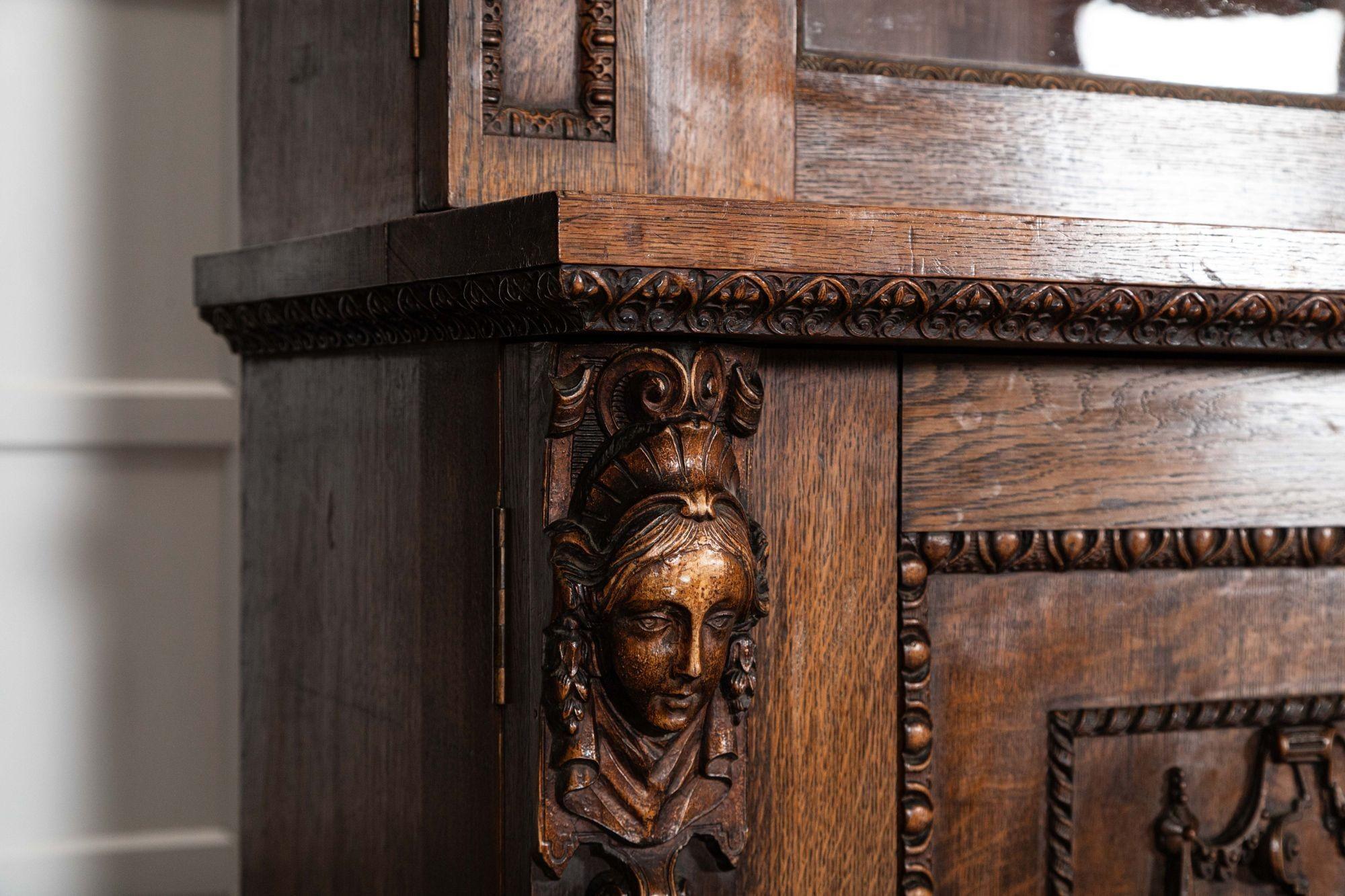 Magnificent Monumental English 19thC Carved Oak Breakfront Glazed Bookcase For Sale 9