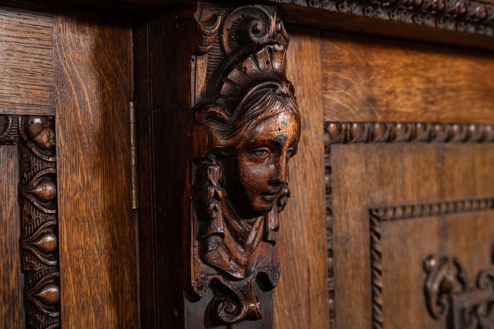Magnificent Monumental English 19thC Carved Oak Breakfront Glazed Bookcase For Sale 10