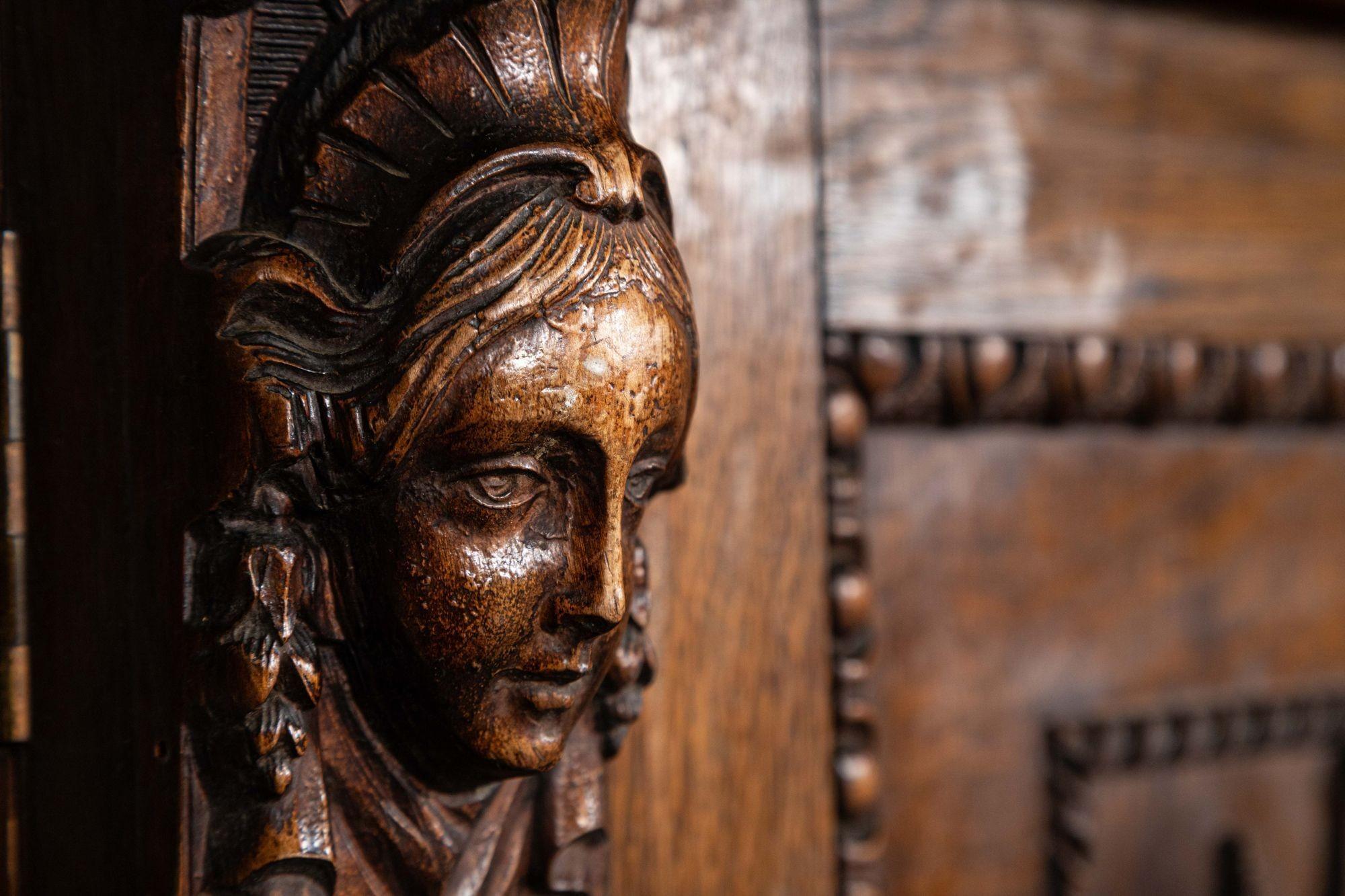 Magnificent Monumental English 19thC Carved Oak Breakfront Glazed Bookcase For Sale 11