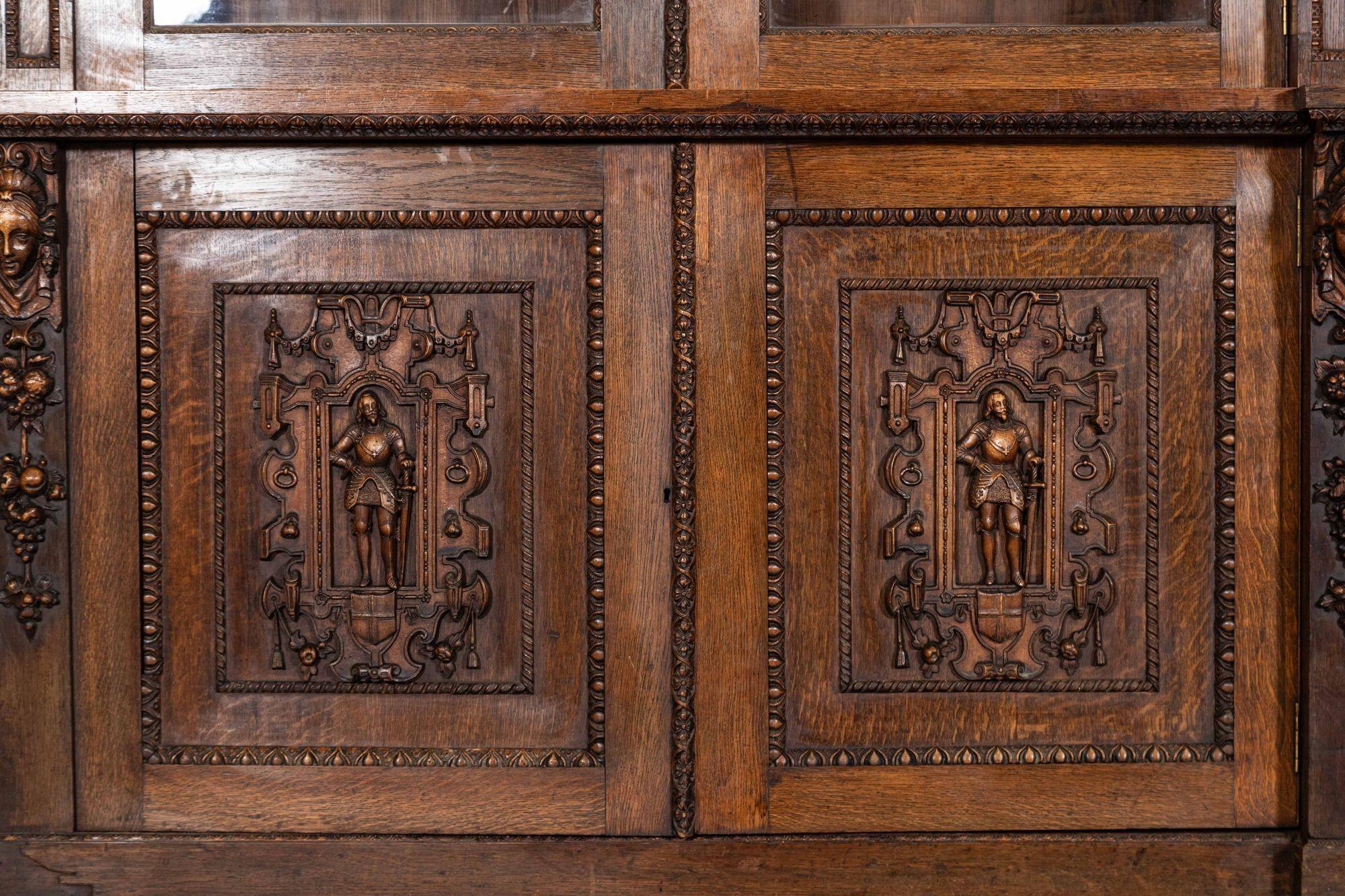 Magnificent Monumental English 19thC Carved Oak Breakfront Glazed Bookcase For Sale 12