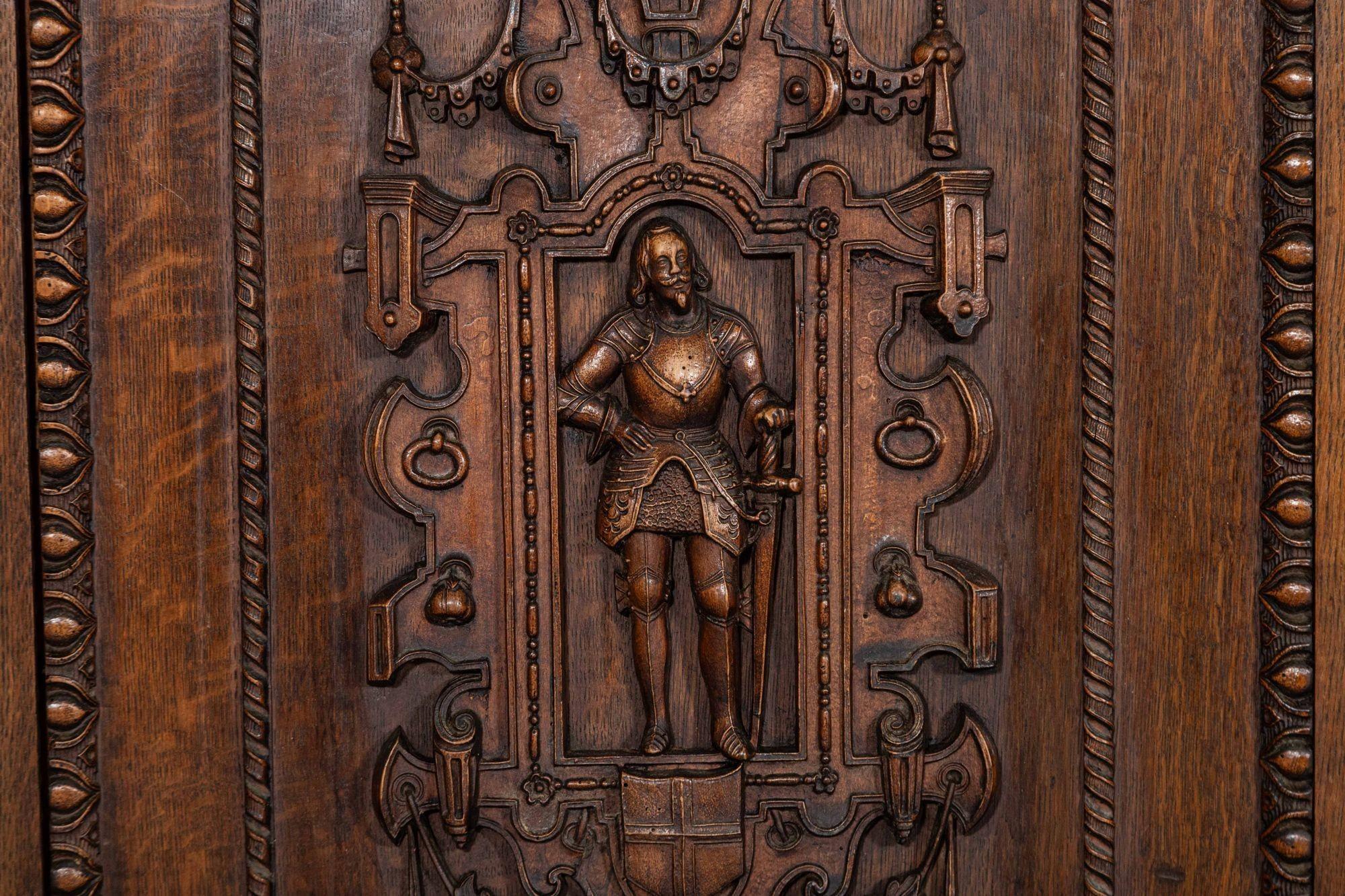 Magnificent Monumental English 19thC Carved Oak Breakfront Glazed Bookcase For Sale 13