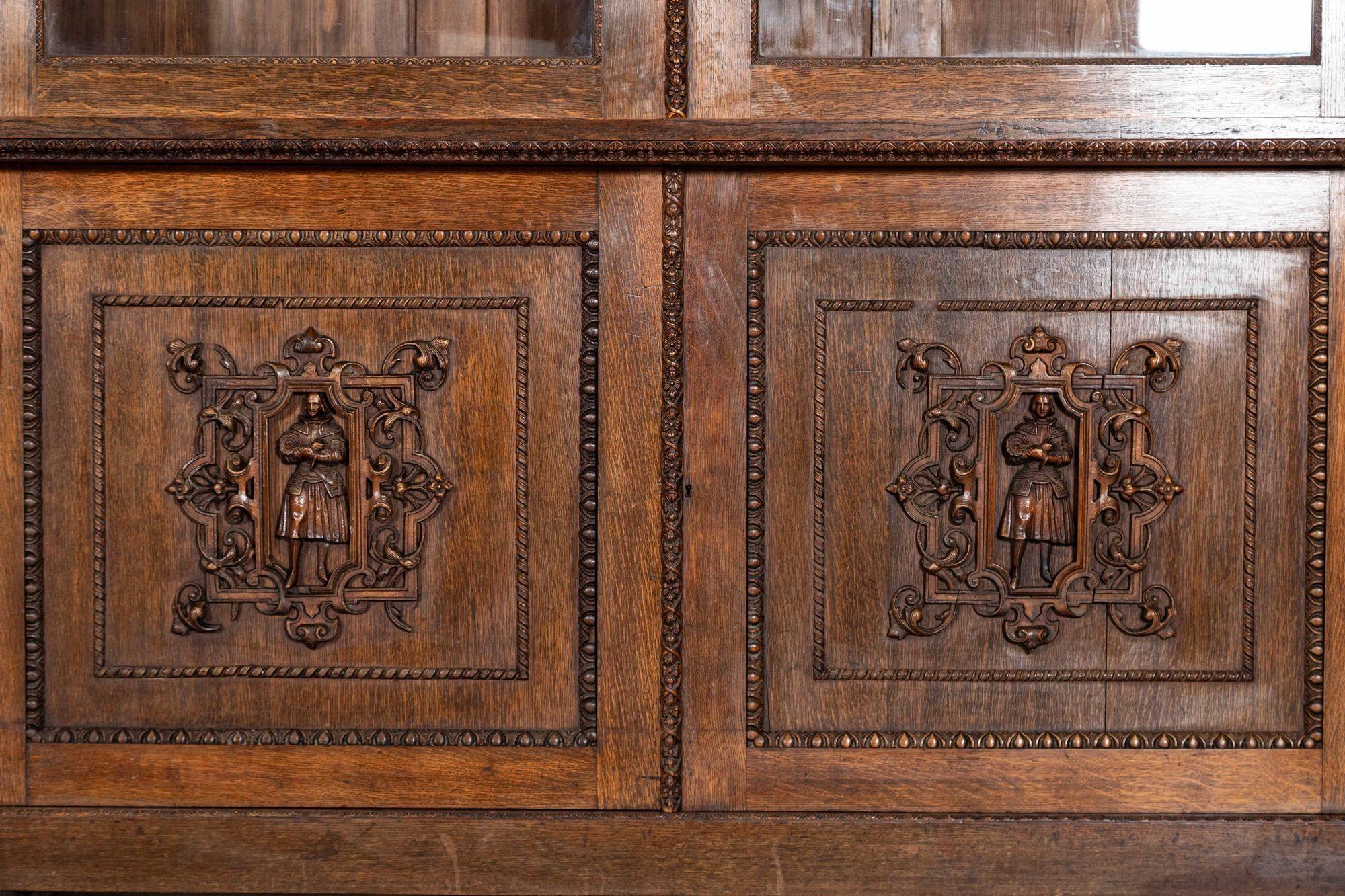Magnificent Monumental English 19thC Carved Oak Breakfront Glazed Bookcase For Sale 14