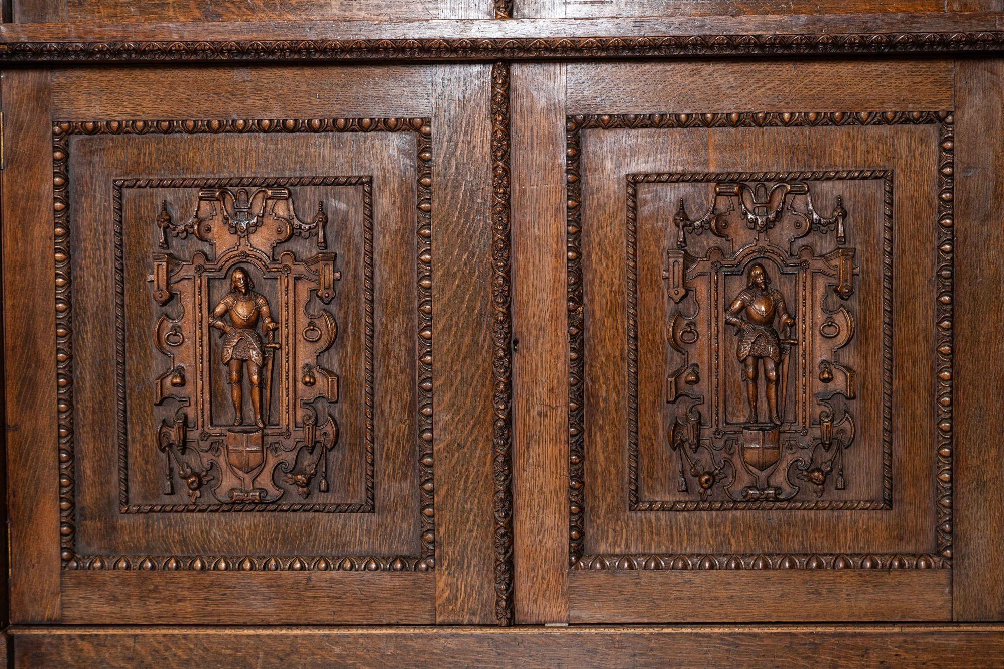 Magnificent Monumental English 19thC Carved Oak Breakfront Glazed Bookcase For Sale 15