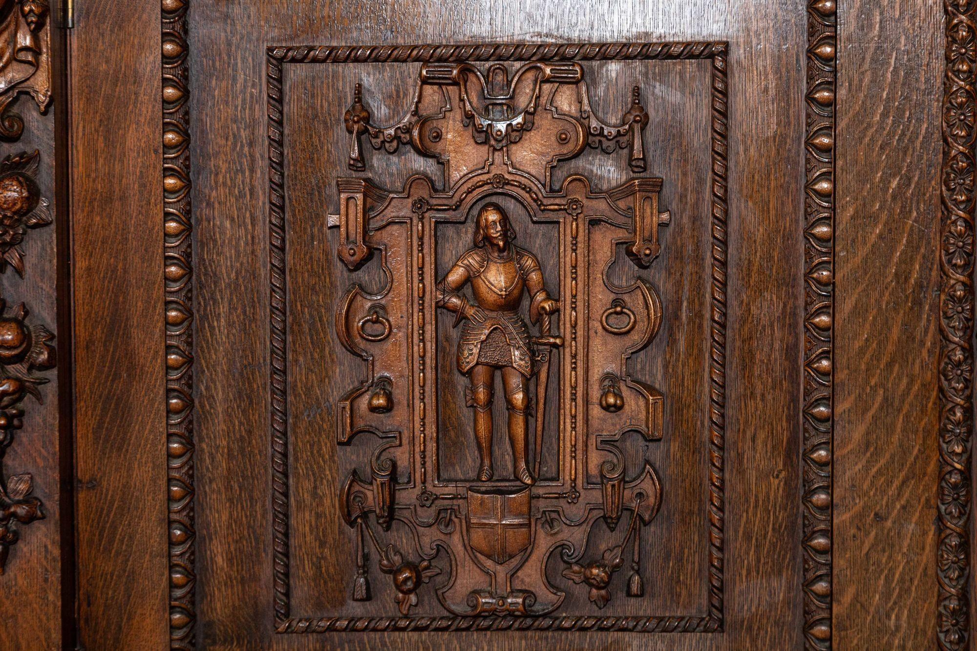 Magnificent Monumental English 19thC Carved Oak Breakfront Glazed Bookcase For Sale 16