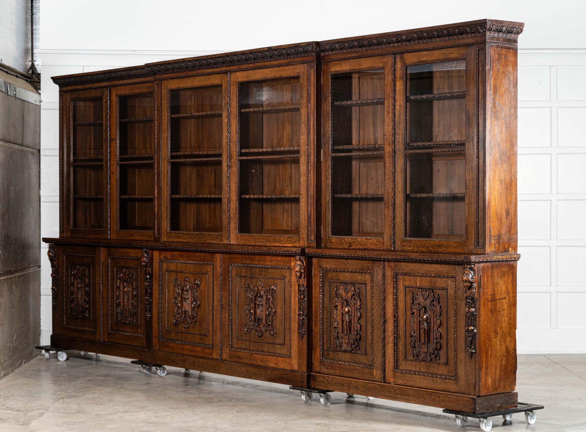 Magnificent Monumental English 19thC Carved Oak Breakfront Glazed Bookcase For Sale 1