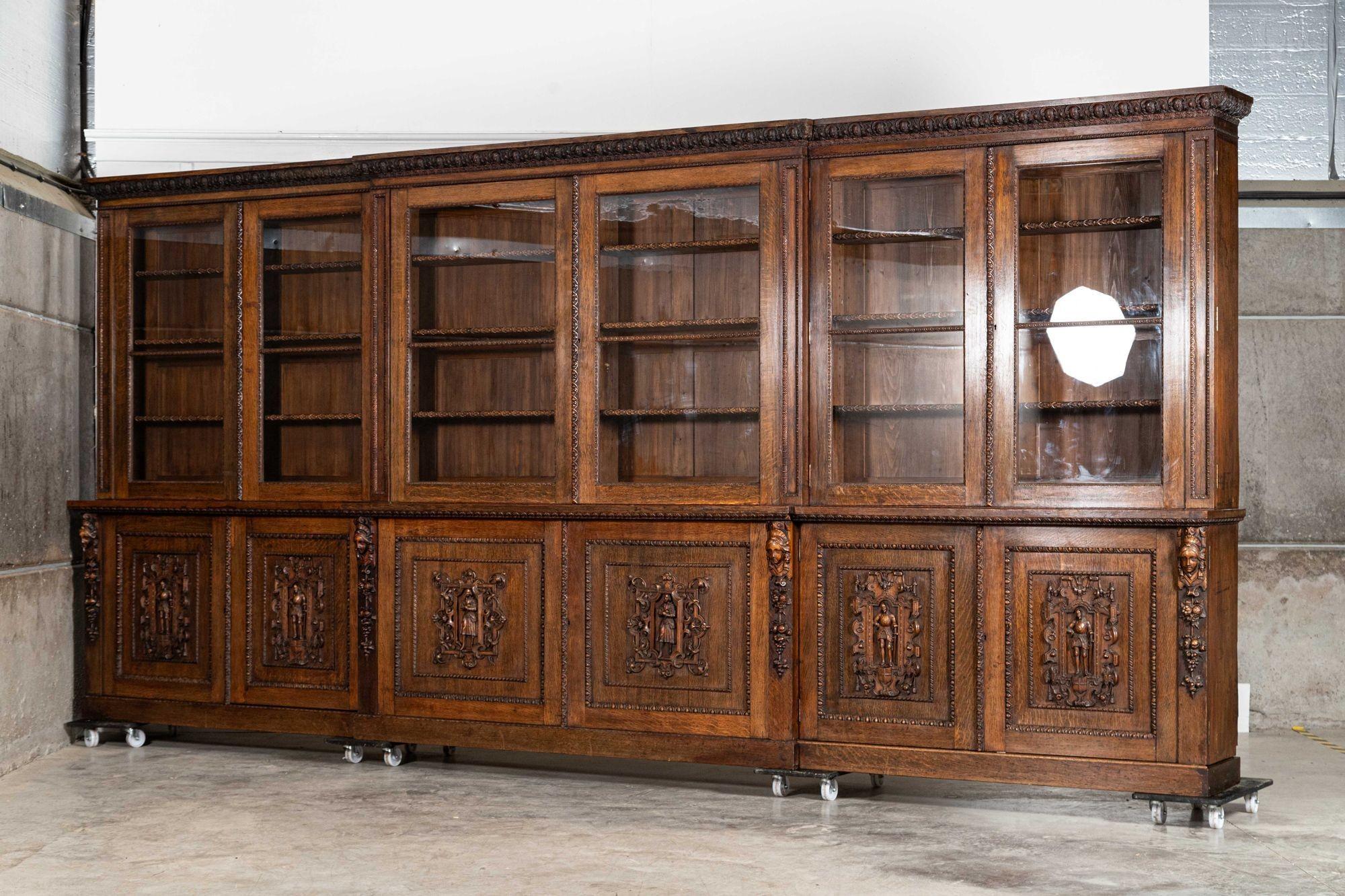 Magnificent Monumental English 19thC Carved Oak Breakfront Glazed Bookcase For Sale 2