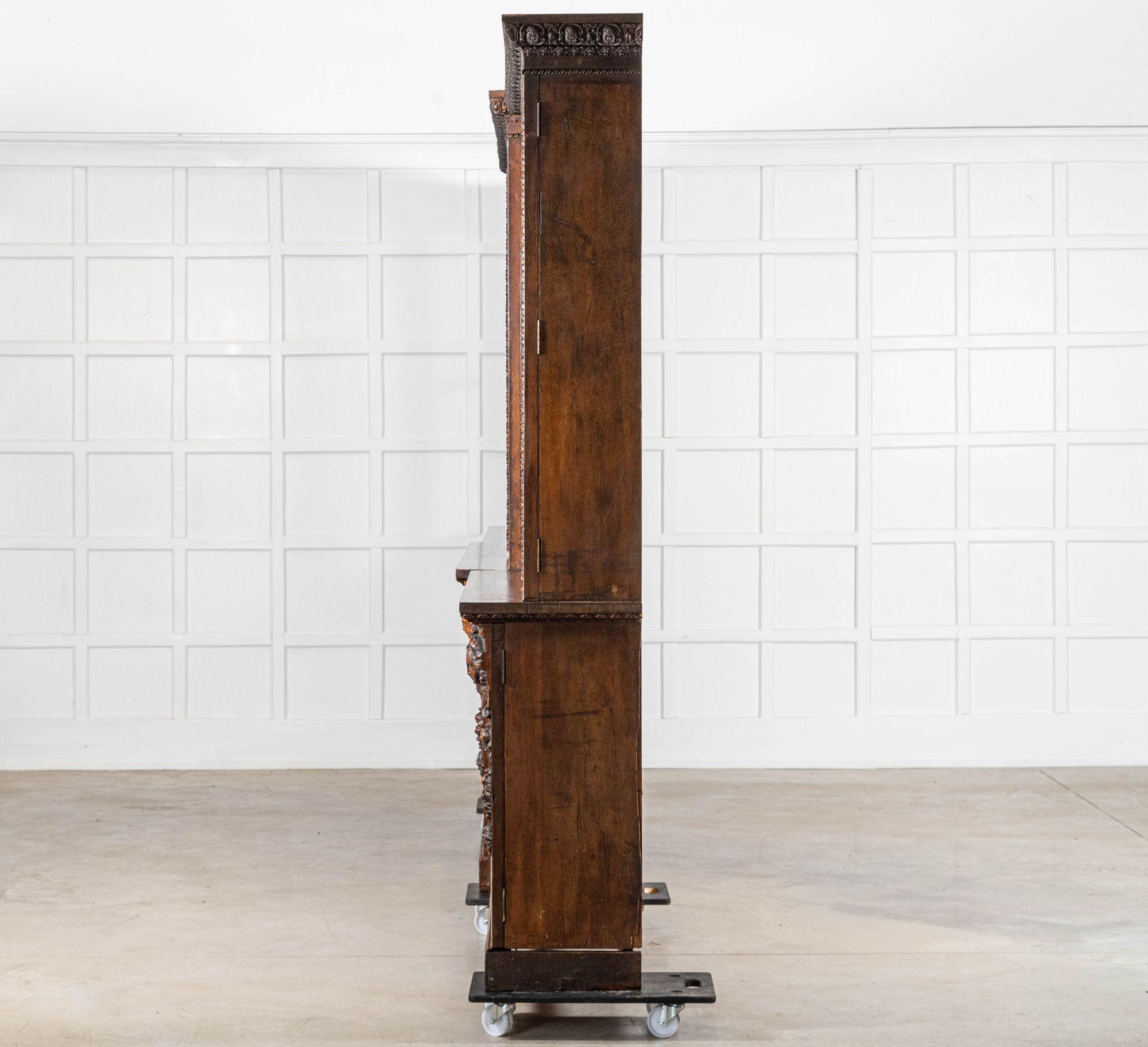 Magnificent Monumental English 19thC Carved Oak Breakfront Glazed Bookcase For Sale 3