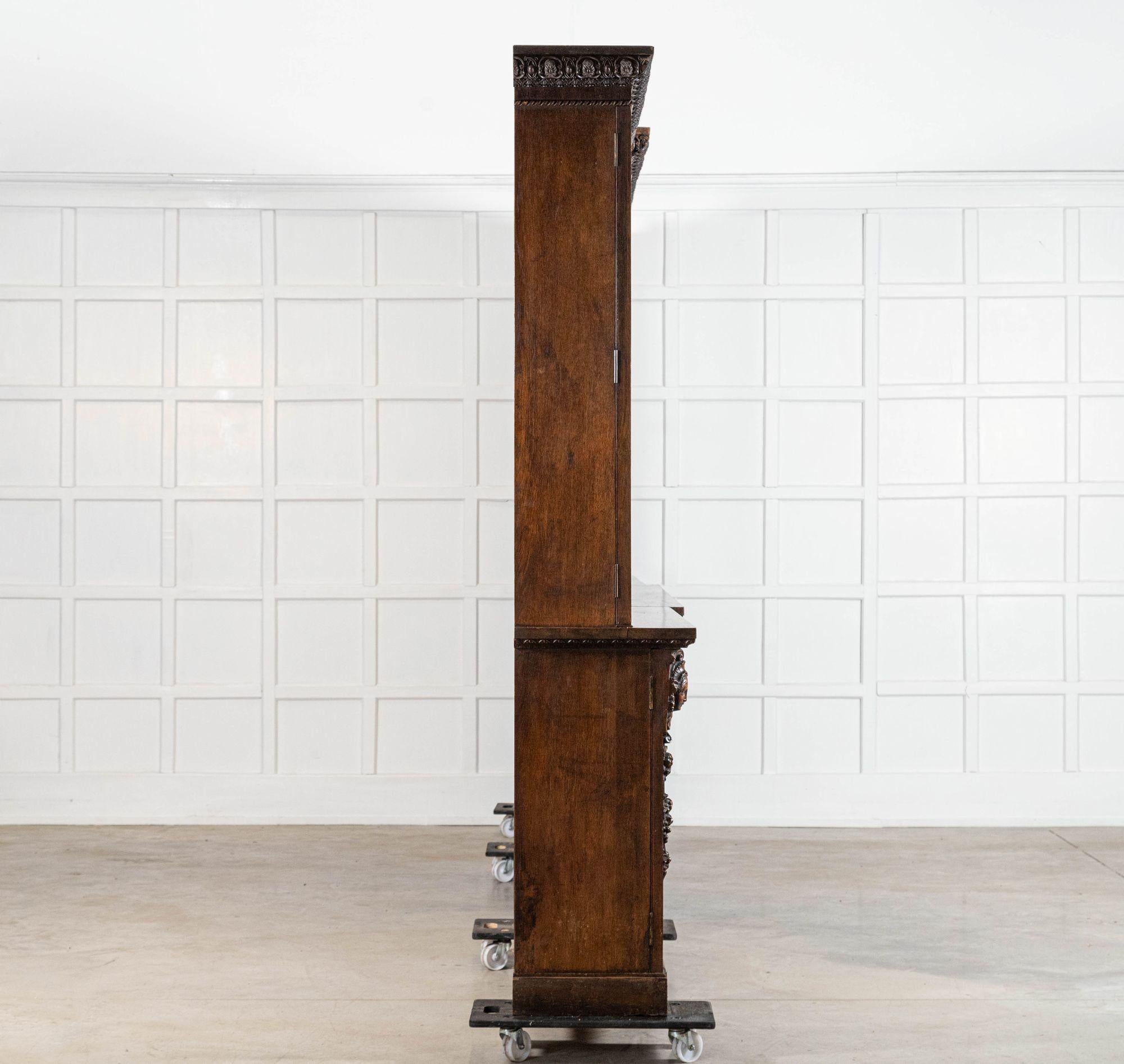 Magnificent Monumental English 19thC Carved Oak Breakfront Glazed Bookcase For Sale 4