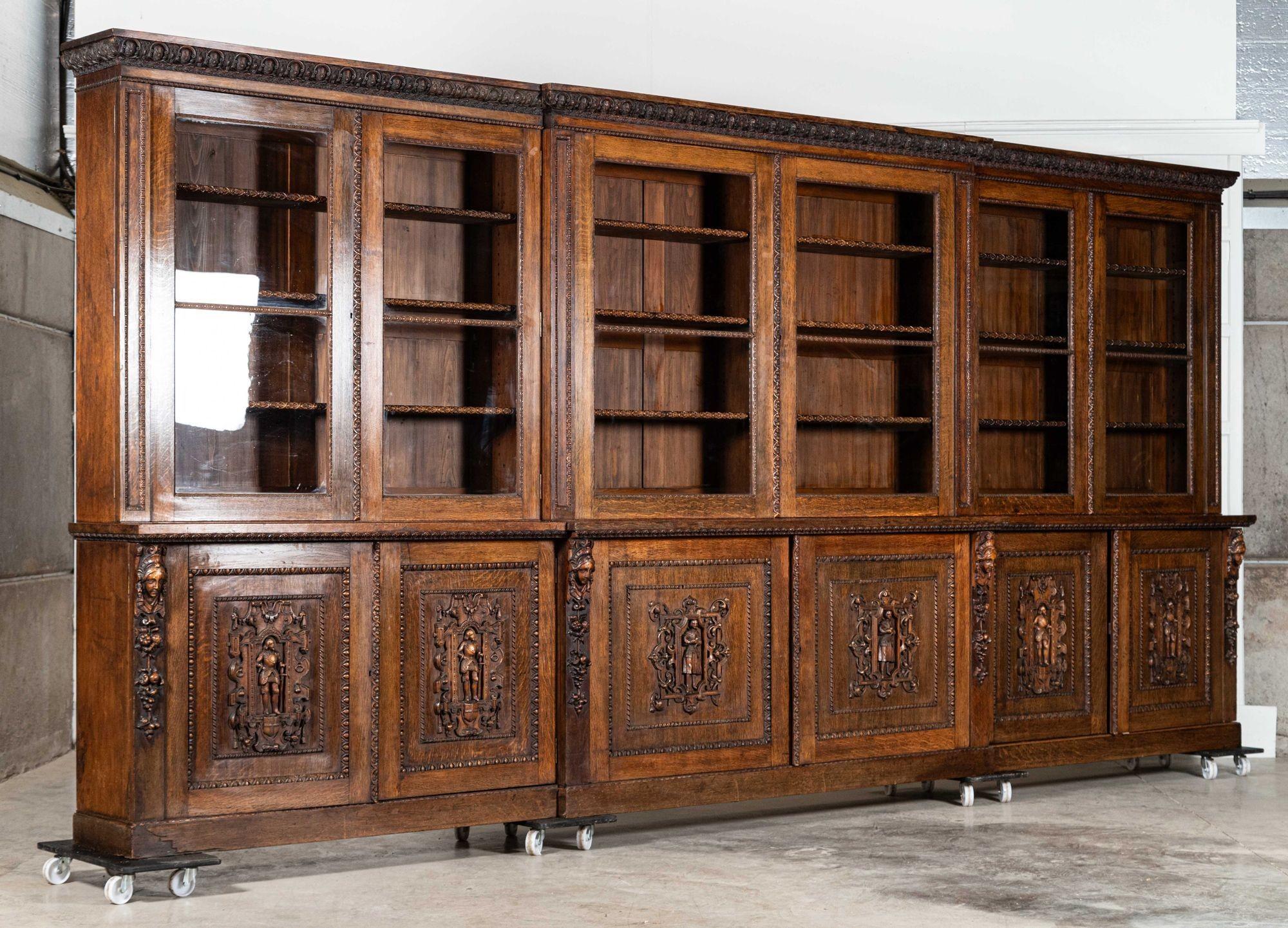 Magnificent Monumental English 19thC Carved Oak Breakfront Glazed Bookcase For Sale 5