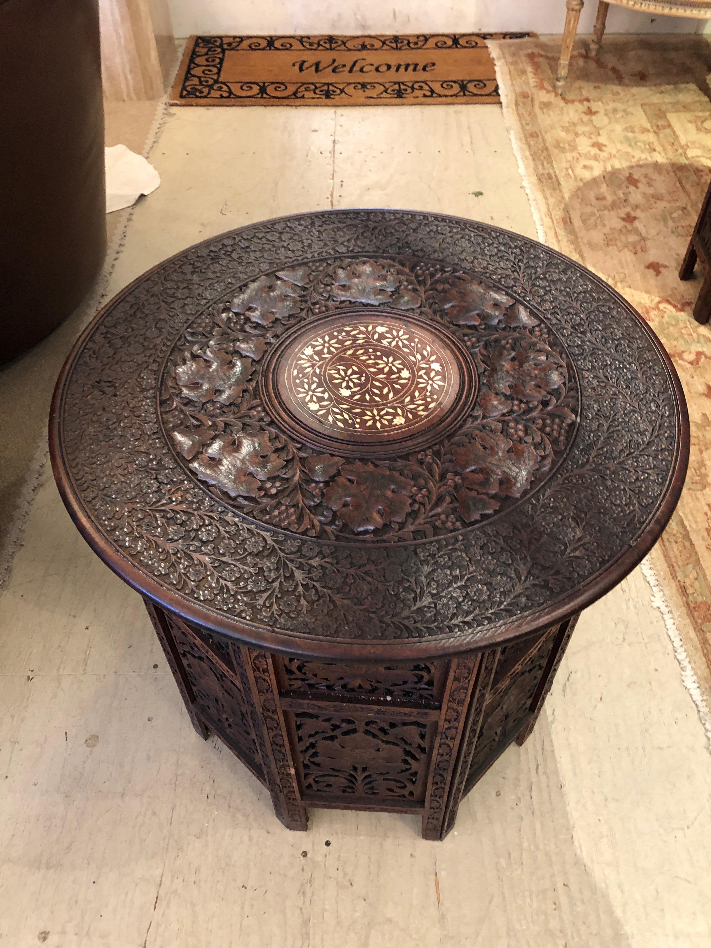 Magnificent Moorish or Anglo Indian Carved Wood Round Circular End Table 4