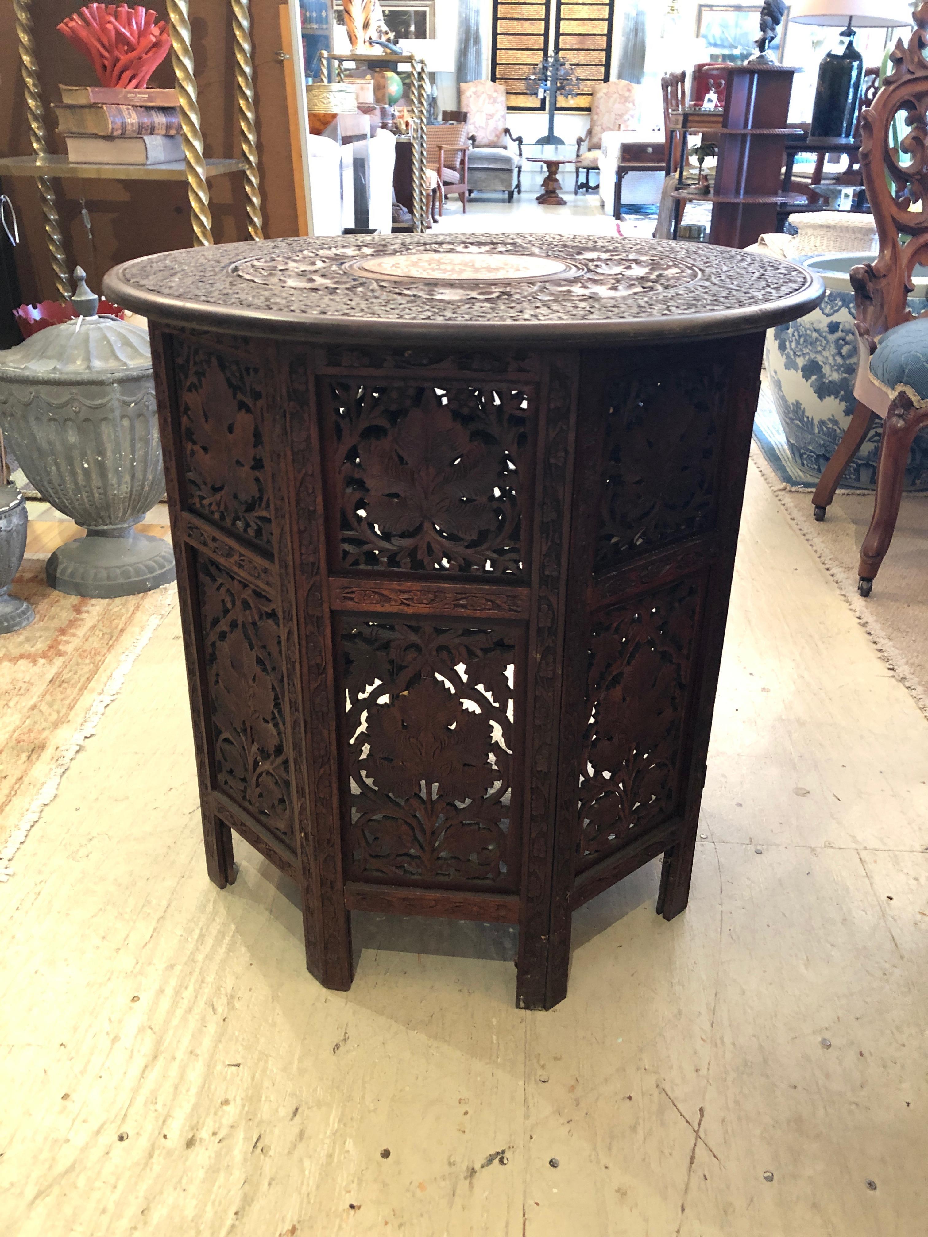 Magnificent Moorish or Anglo Indian Carved Wood Round Circular End Table In Excellent Condition In Hopewell, NJ