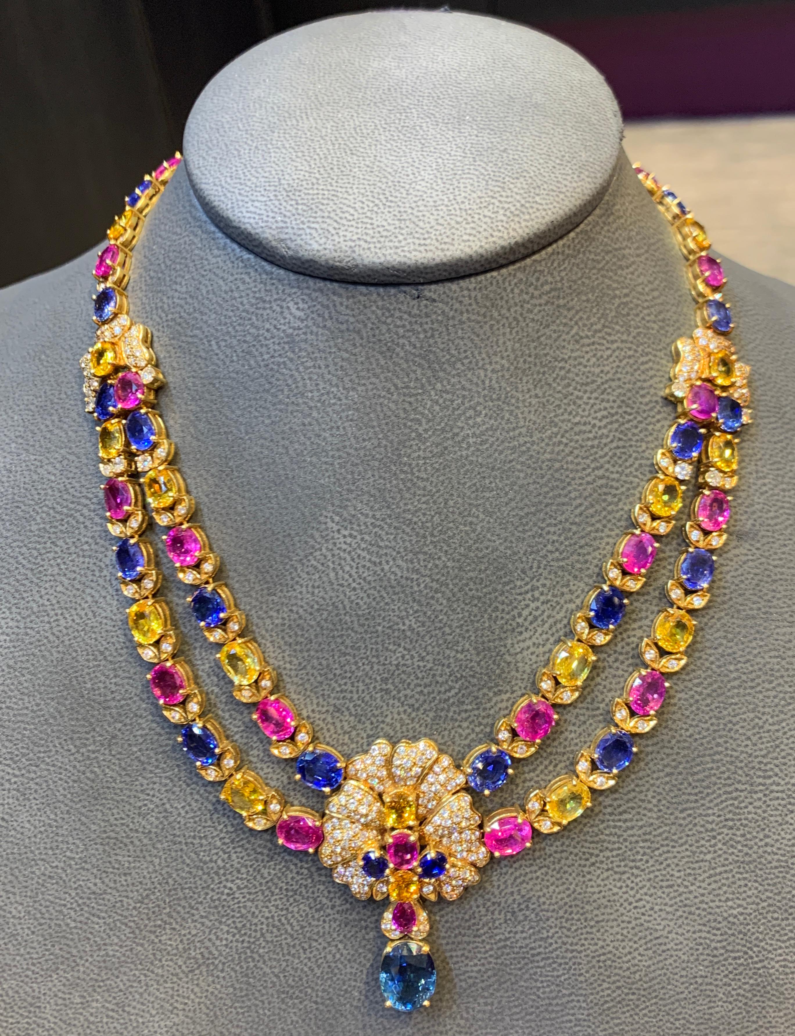 Oval Cut Magnificent Multi Color Sapphire & Gold Necklace