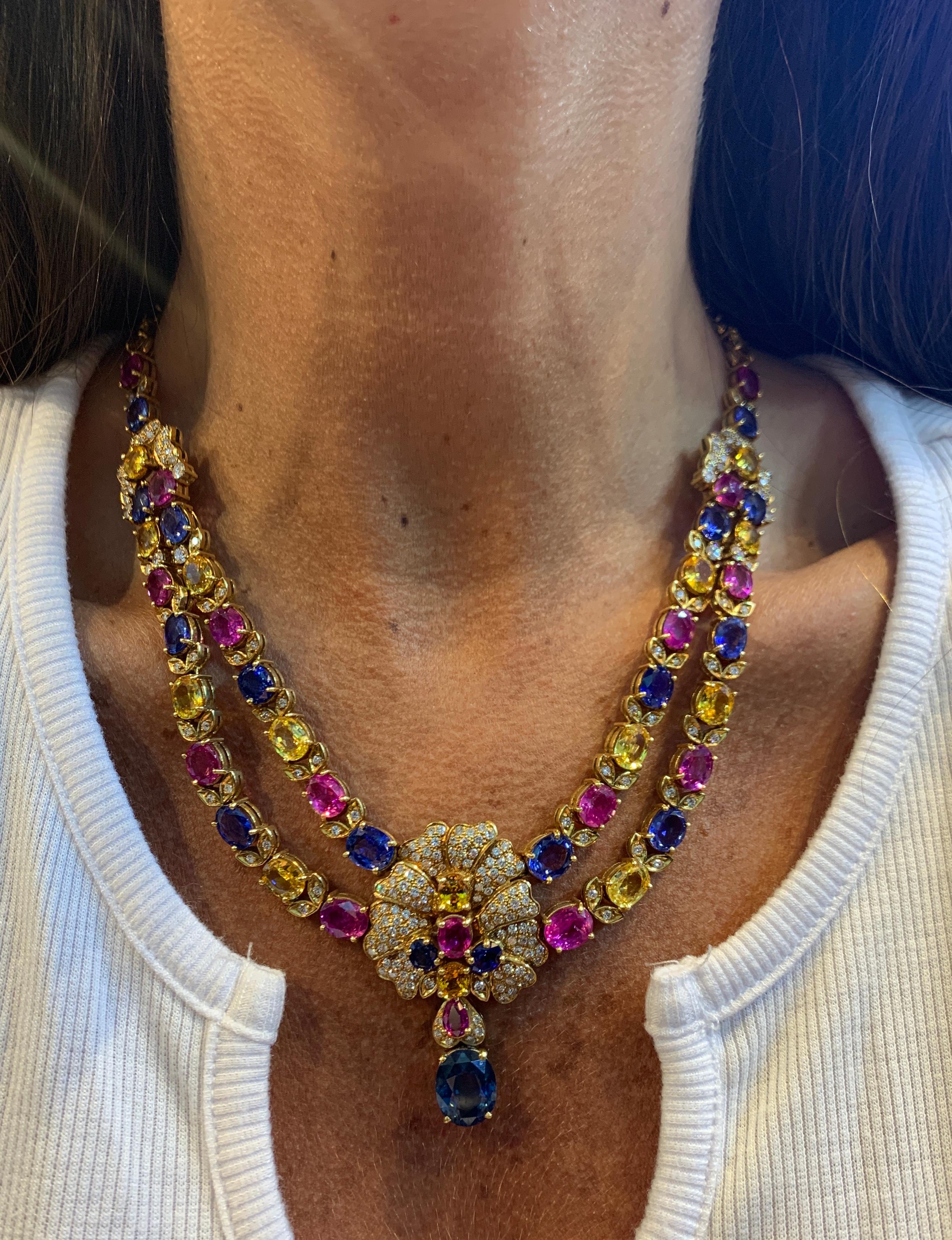 Magnificent Multi Color Sapphire & Gold Necklace In Excellent Condition In New York, NY