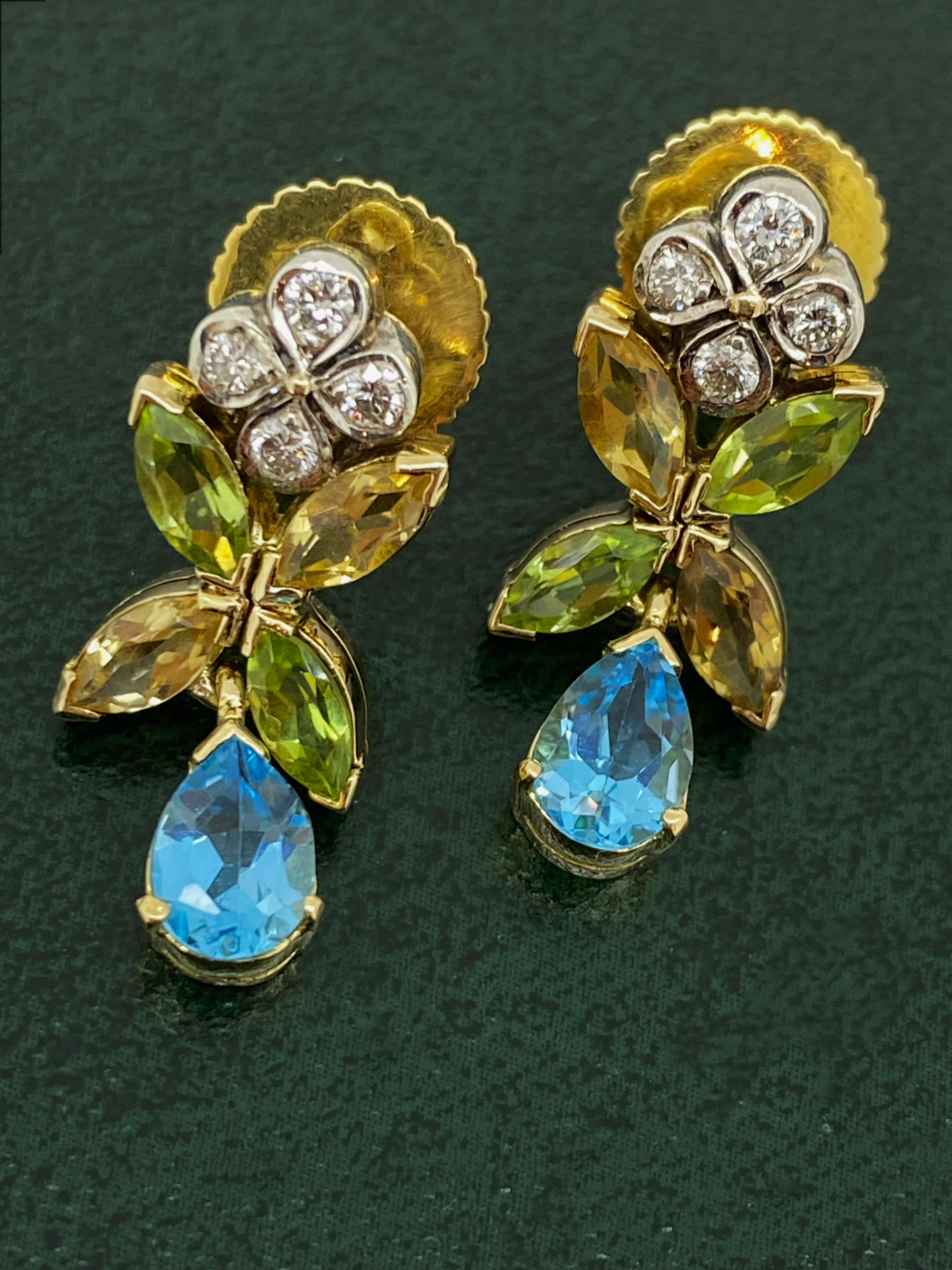 This magnificent pair of Pendant Earrings 
features a Delightful Colourful Cluster
of natural precious & semi-precious gems 
of top quality; 
Featuring drop design, 
that is both very feminine & elegant,  
& secure & comfortable butterfly