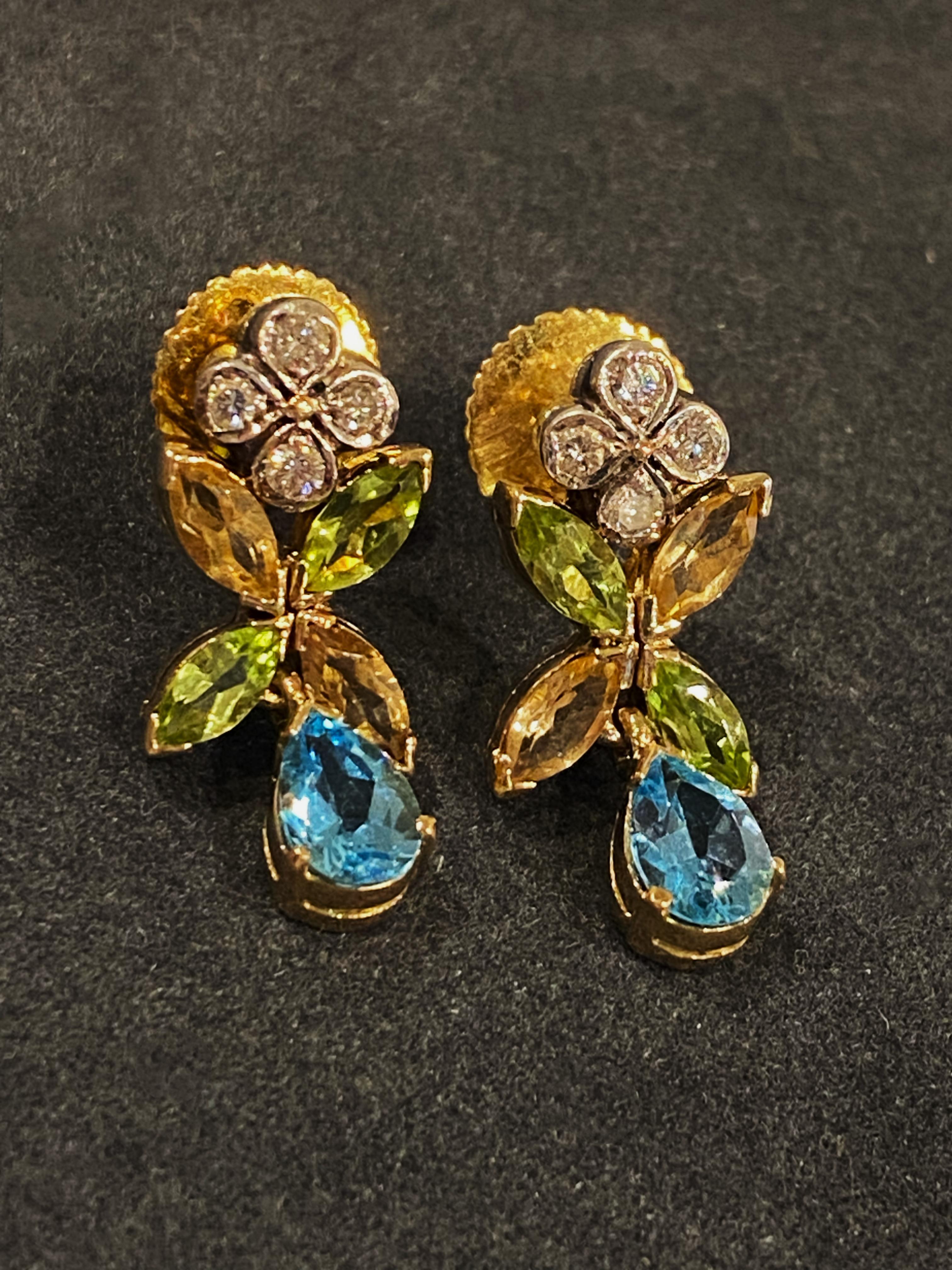Pear Cut Magnificent Multi Gem (Diamond, Topaz, Citrine & Peridot) Gold Pendant Earrings For Sale