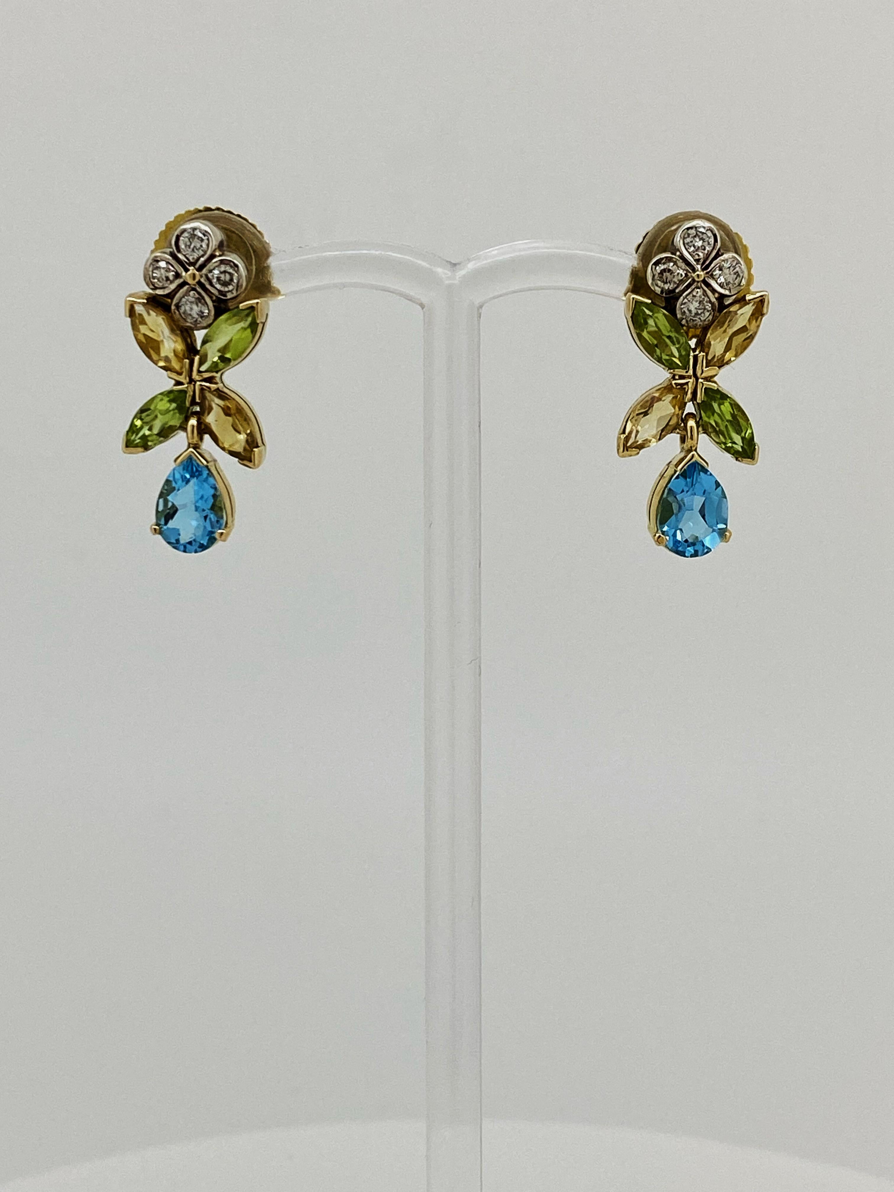 Magnificent Multi Gem (Diamond, Topaz, Citrine & Peridot) Gold Pendant Earrings In Excellent Condition For Sale In MELBOURNE, AU