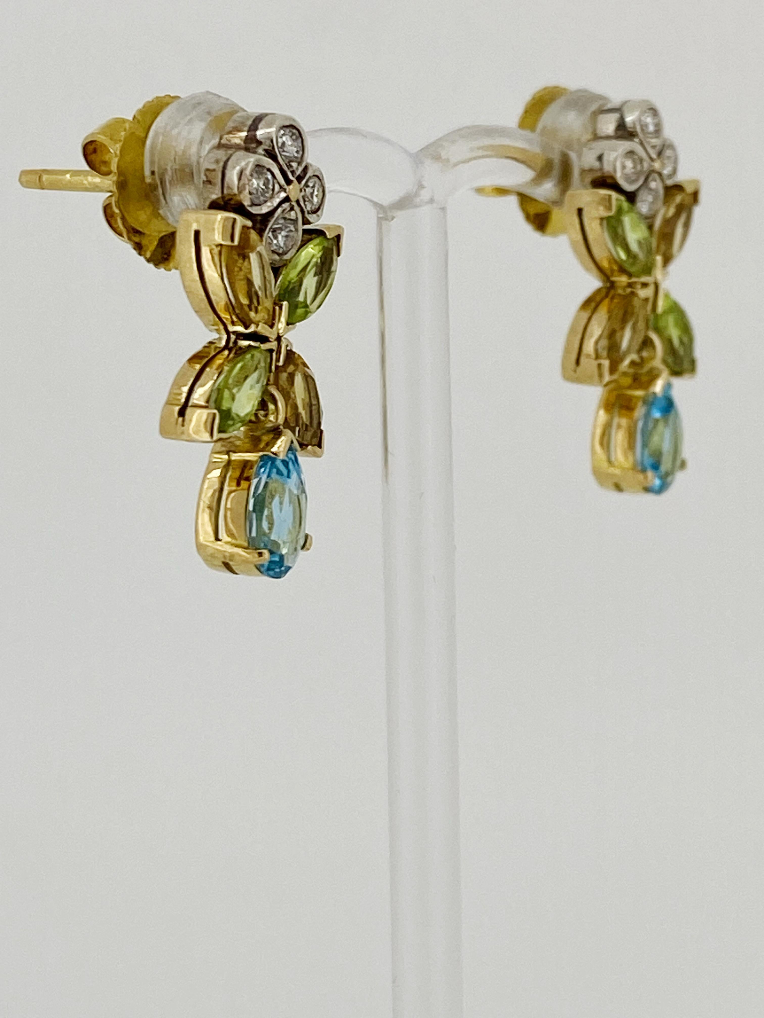 Women's Magnificent Multi Gem (Diamond, Topaz, Citrine & Peridot) Gold Pendant Earrings For Sale