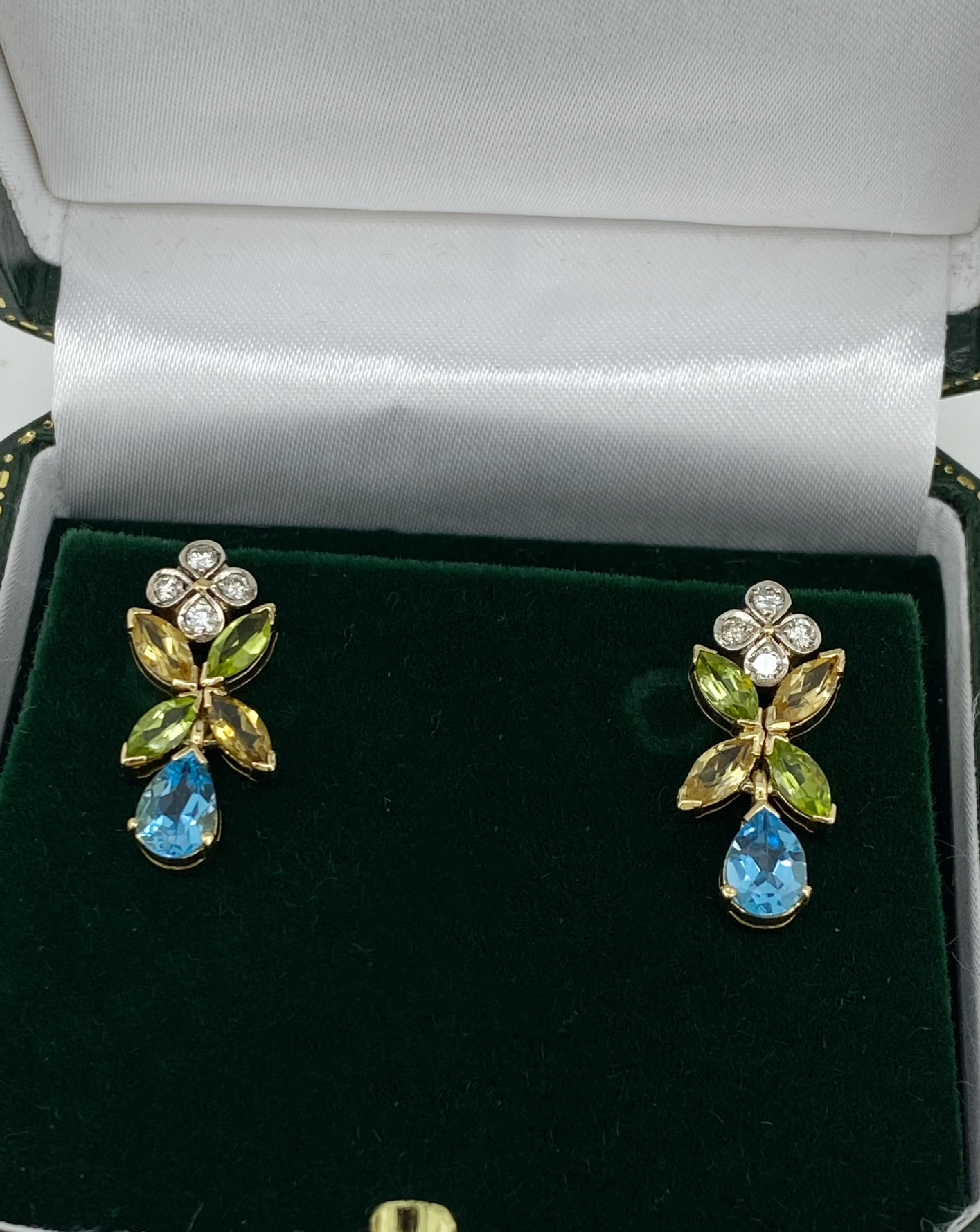Magnificent Multi Gem (Diamond, Topaz, Citrine & Peridot) Gold Pendant Earrings For Sale 1